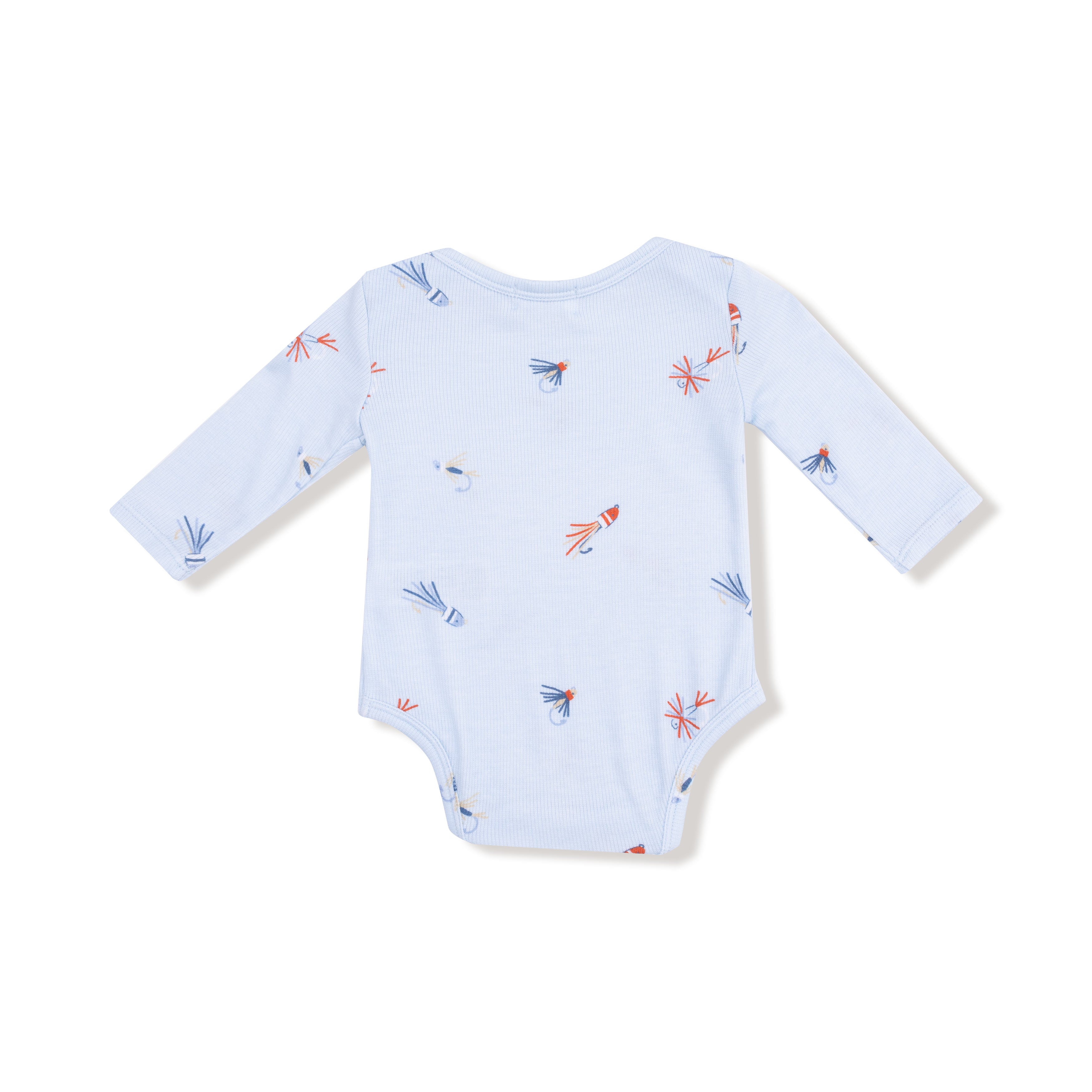 Lap Shoulder Bodysuit in our  Fly Fishing Lures print from Angel Dear