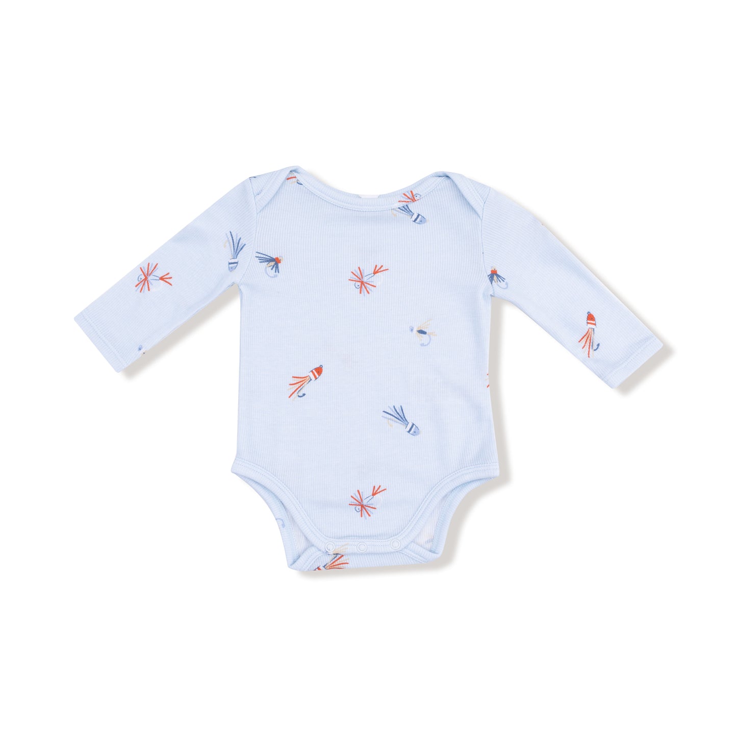 Lap Shoulder Bodysuit in our  Fly Fishing Lures print from Angel Dear