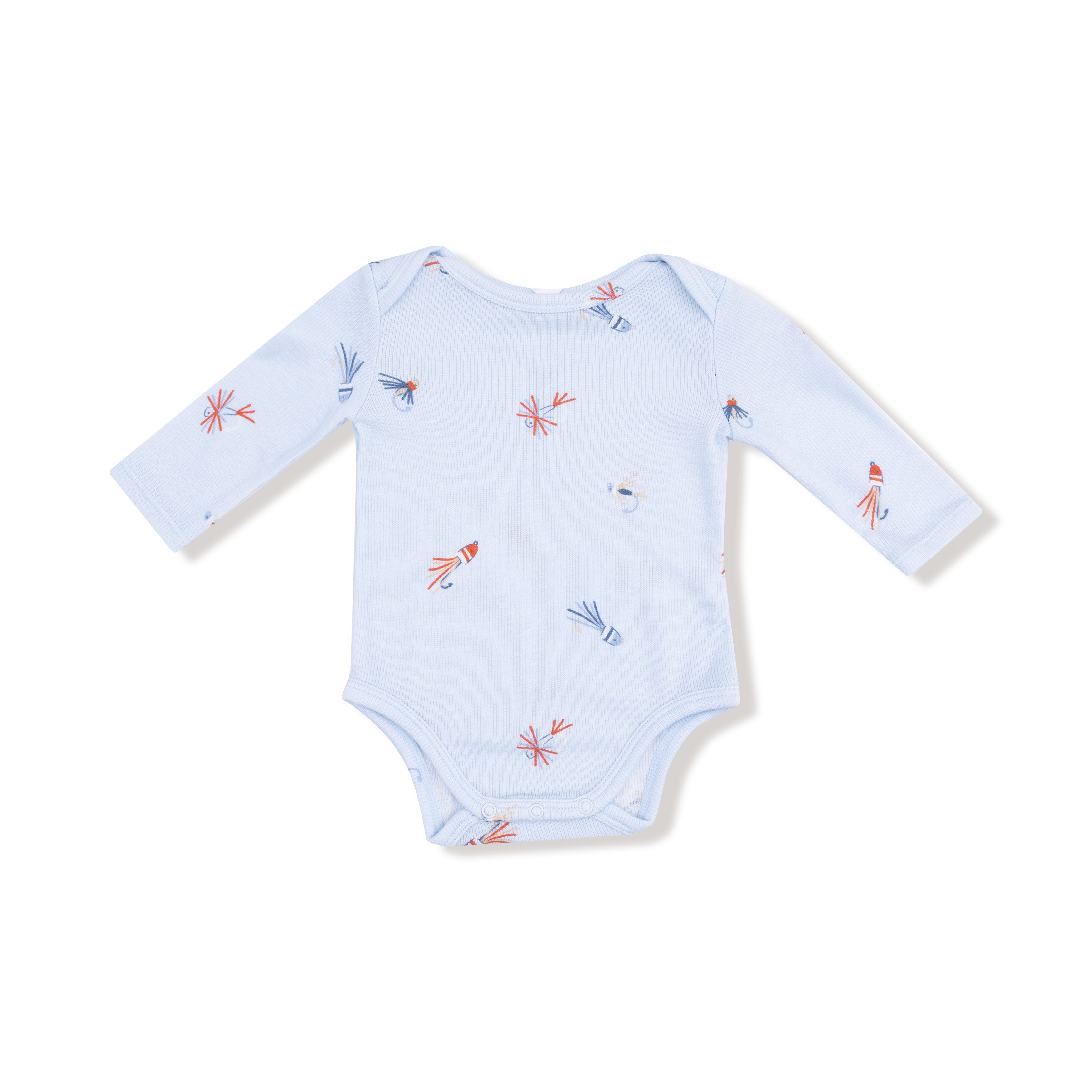Lap Shoulder Bodysuit in our  Fly Fishing Lures print from Angel Dear