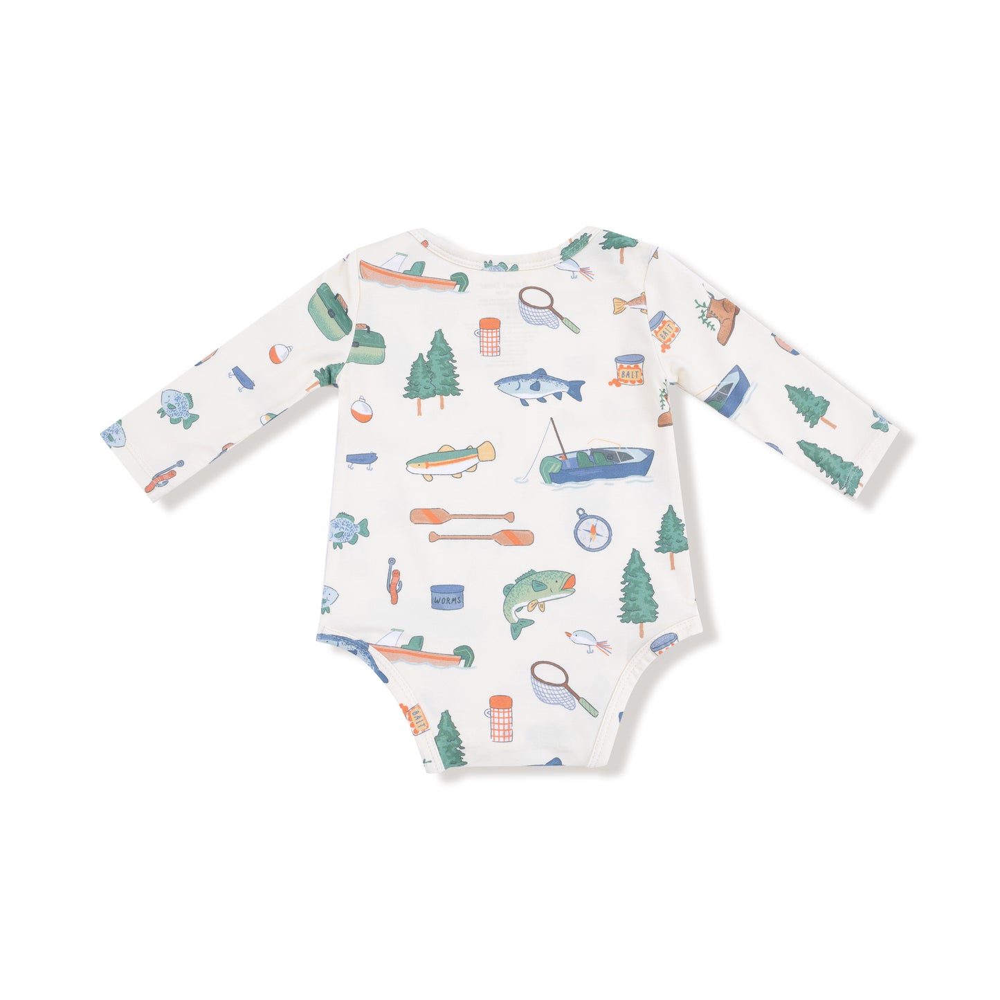 Lap Shoulder Bodysuit in our  Fishing Things print from Angel Dear