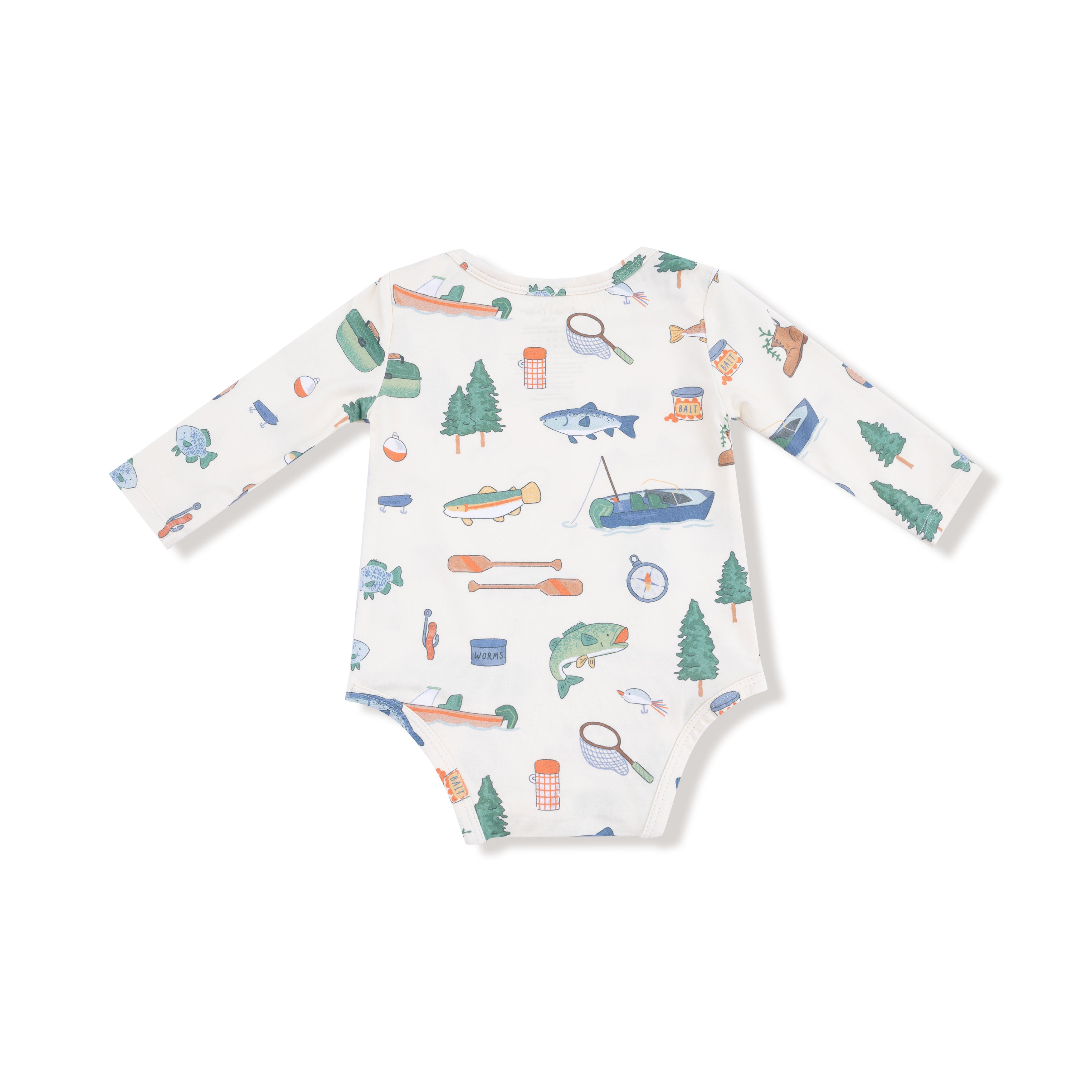 Lap Shoulder Bodysuit in our  Fishing Things print from Angel Dear