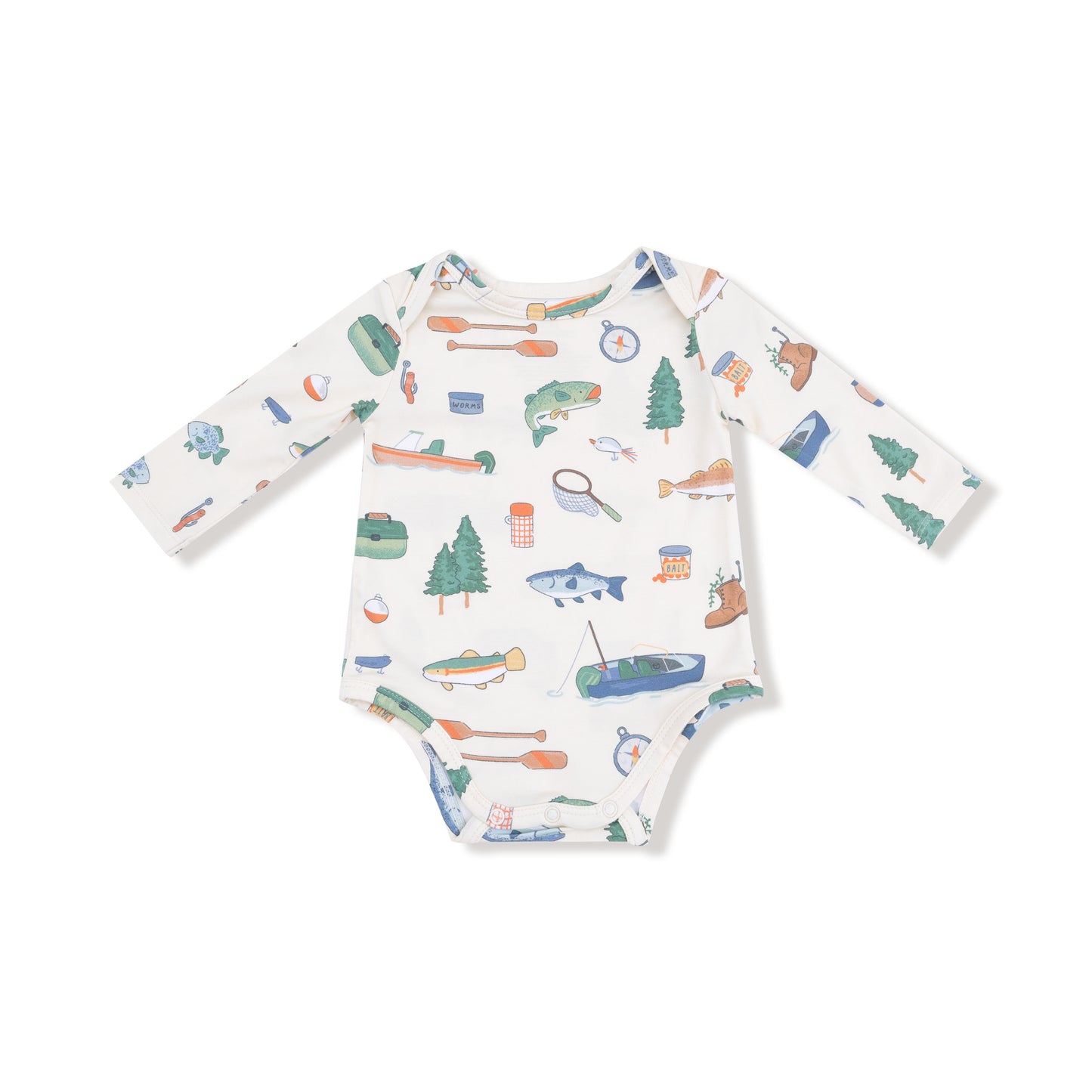 Lap Shoulder Bodysuit in our  Fishing Things print from Angel Dear
