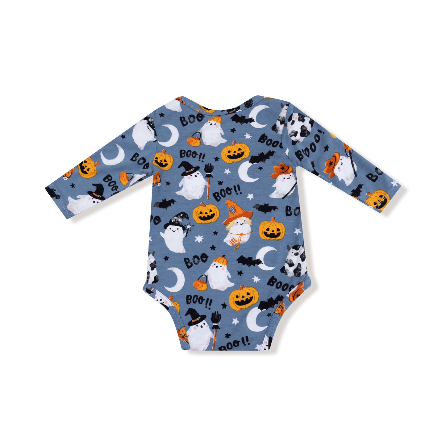 Lap Shoulder Bodysuit in our  Costumed Ghosts - Glow In The Dark print from Angel Dear