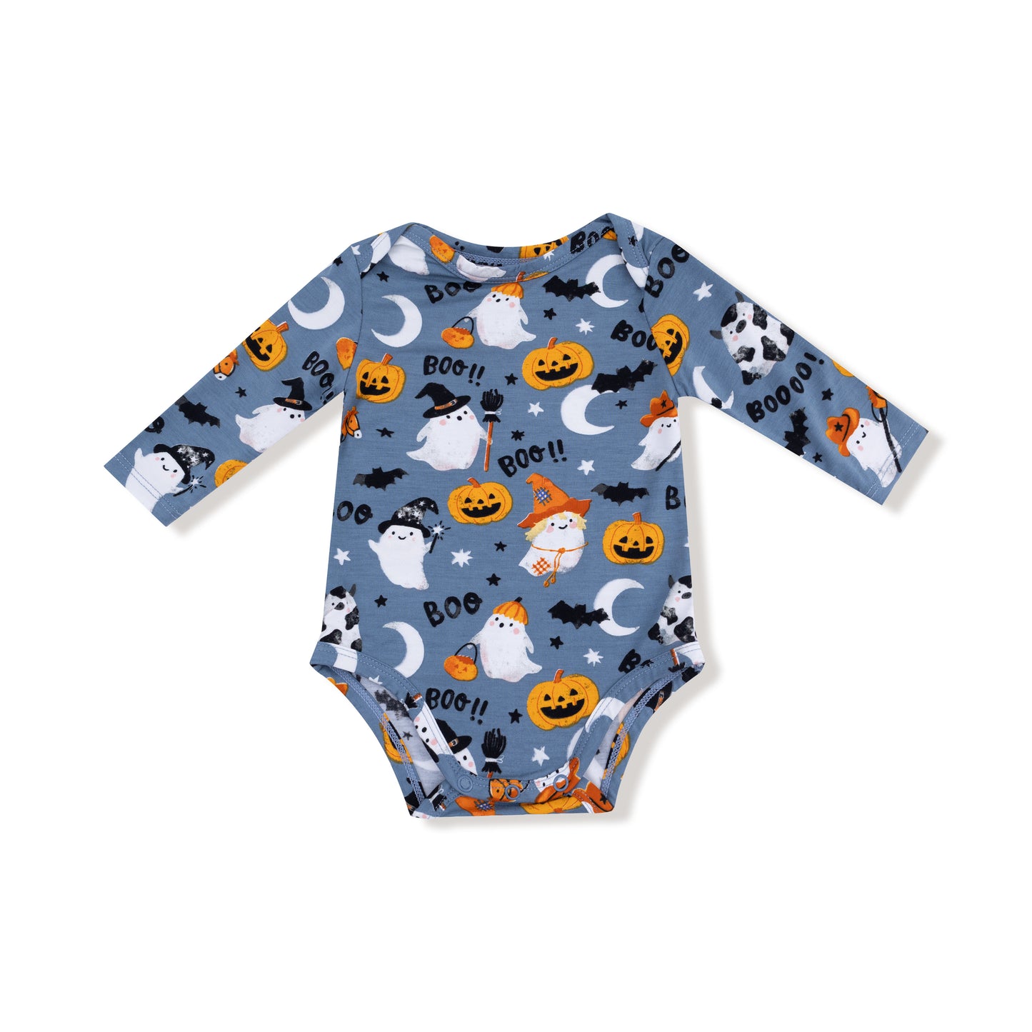 Lap Shoulder Bodysuit in our  Costumed Ghosts - Glow In The Dark print from Angel Dear