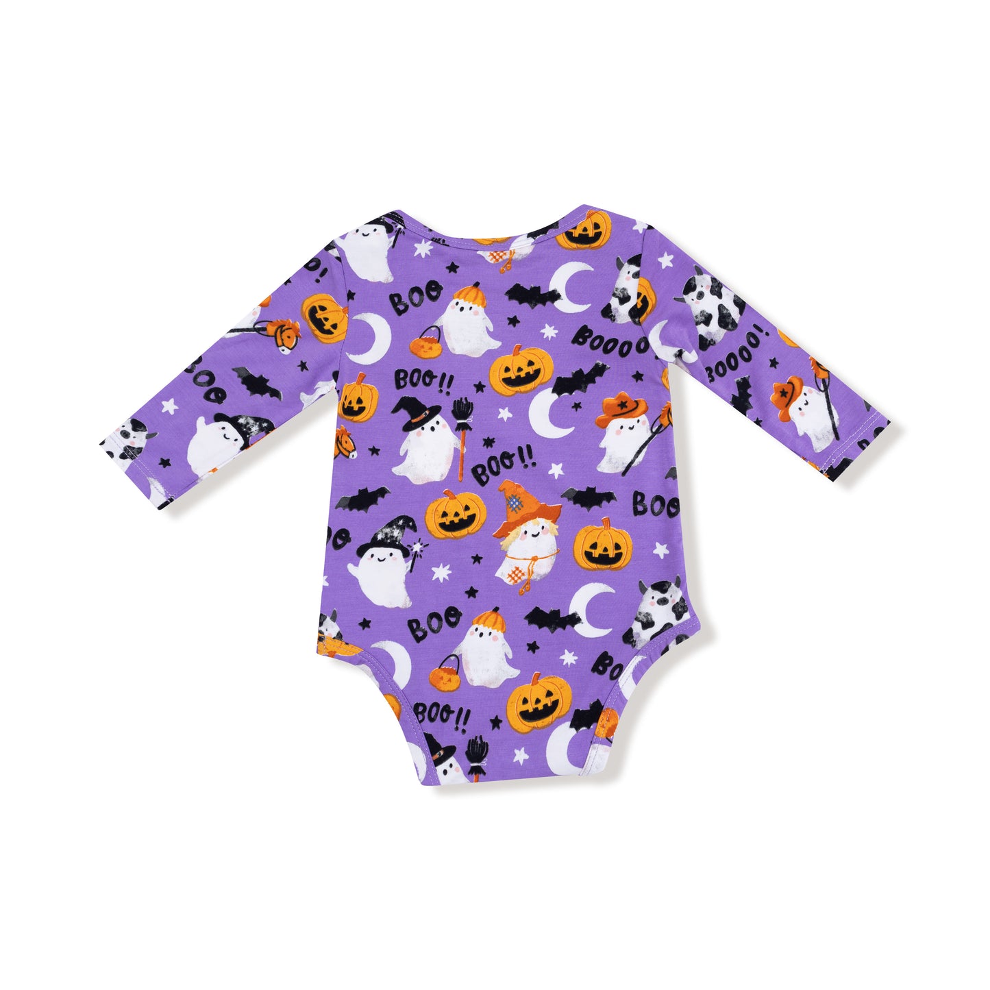 Lap Shoulder Bodysuit in our  Costumed Ghosts - Glow In The Dark - Purple print from Angel Dear