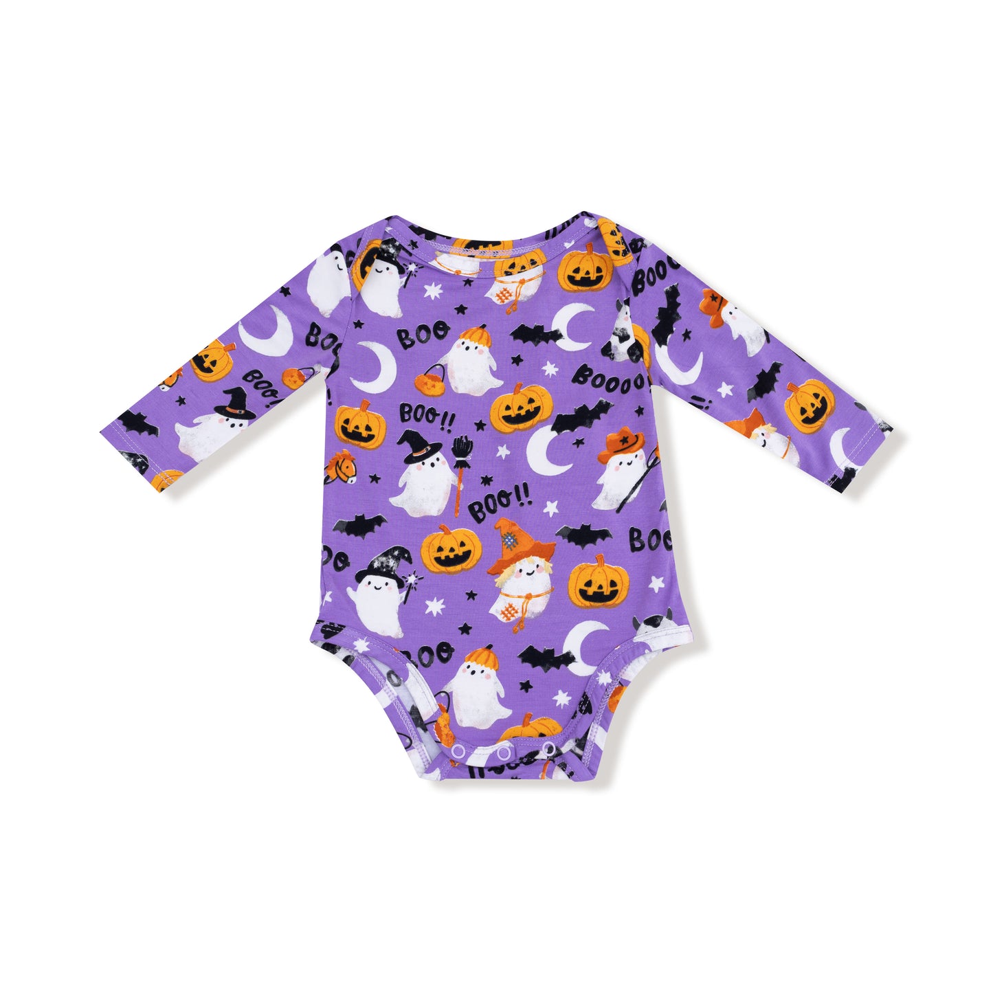 Lap Shoulder Bodysuit in our  Costumed Ghosts - Glow In The Dark - Purple print from Angel Dear
