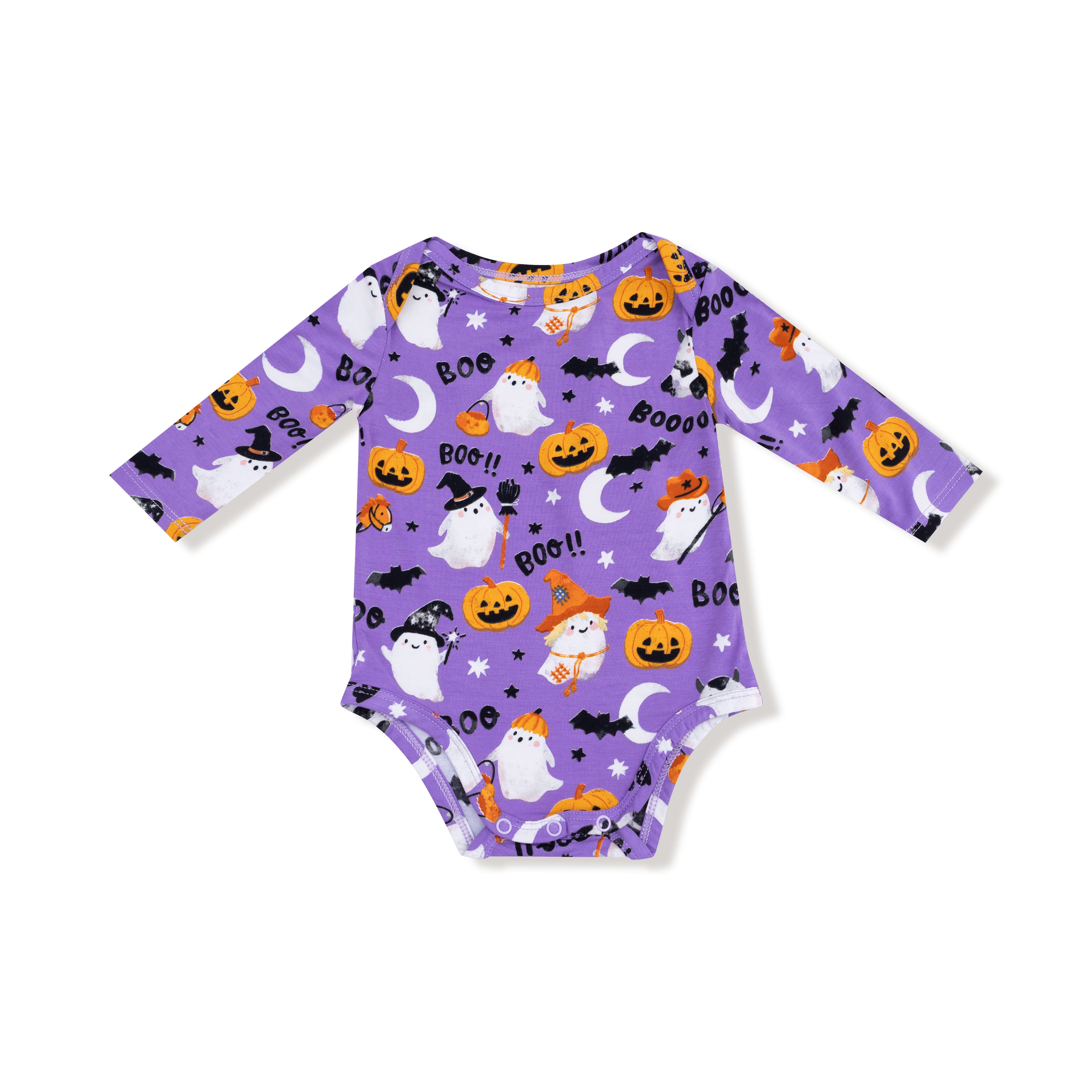 Lap Shoulder Bodysuit in our  Costumed Ghosts - Glow In The Dark - Purple print from Angel Dear