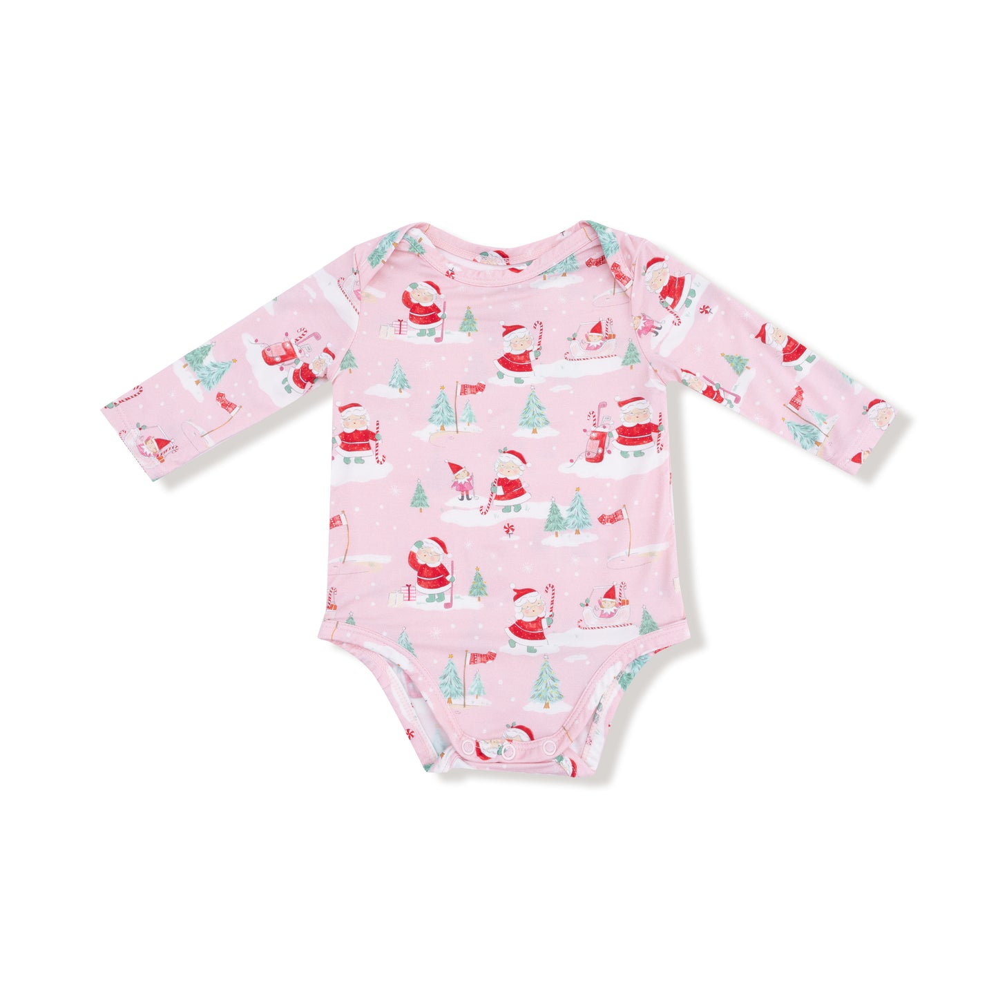 Lap Shoulder Bodysuit in our  Golfing Mrs. Claus and Elves print from Angel Dear