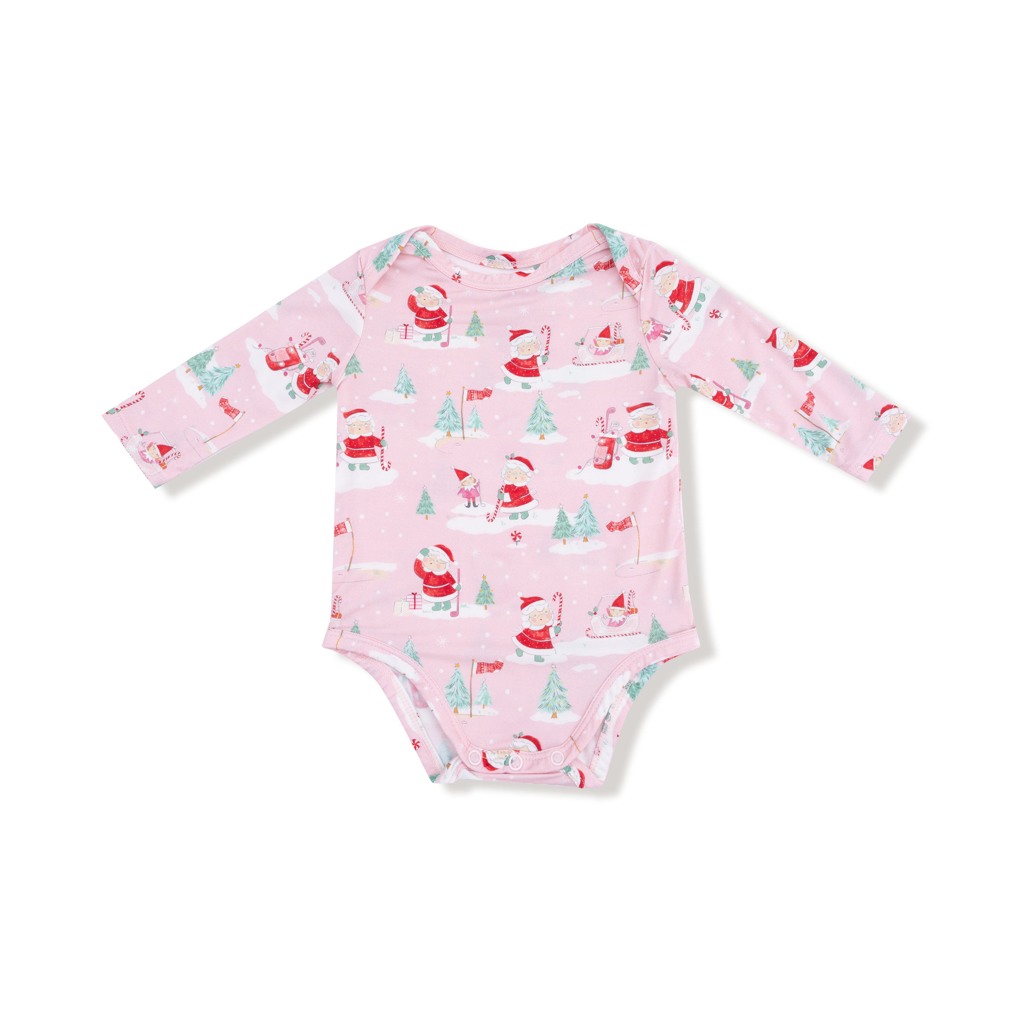 Lap Shoulder Bodysuit in our  Golfing Mrs. Claus and Elves print from Angel Dear