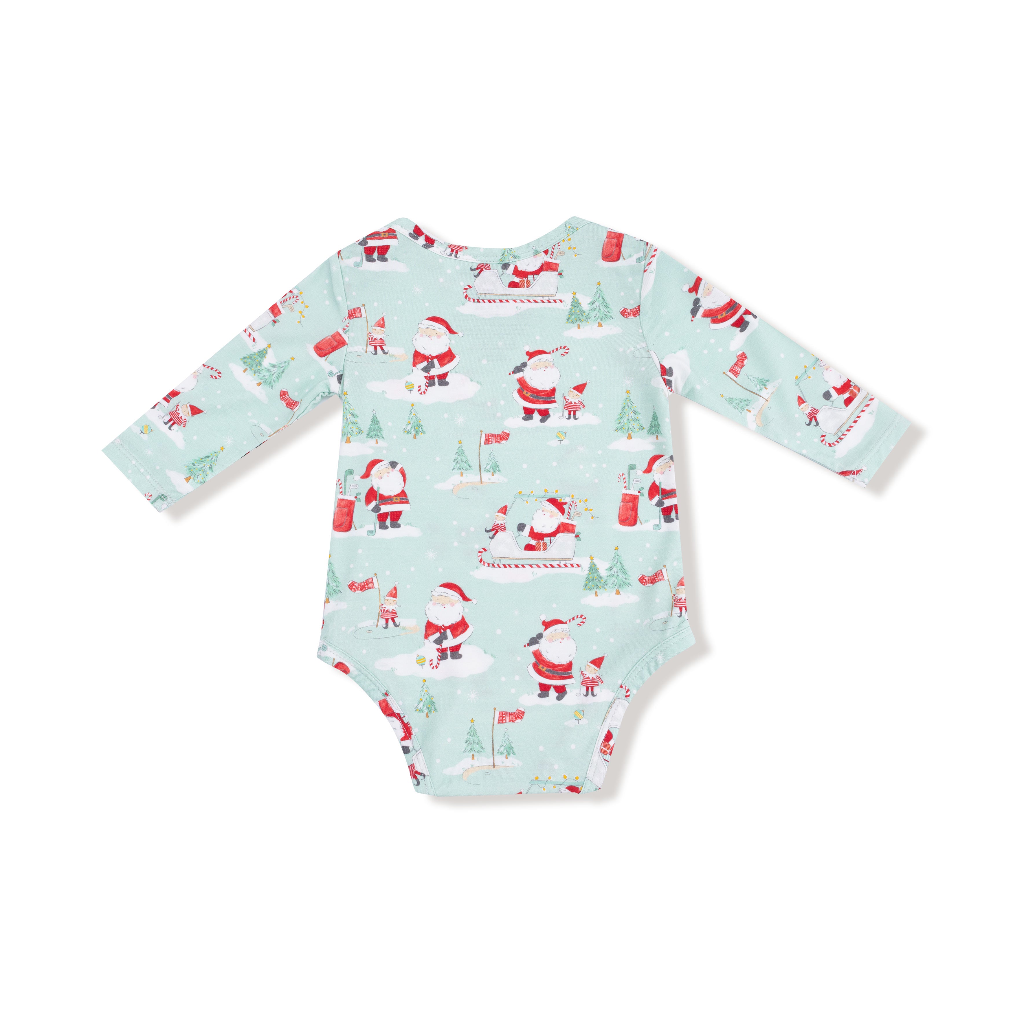 Lap Shoulder Bodysuit in our  Golfing Santa and Elves print from Angel Dear