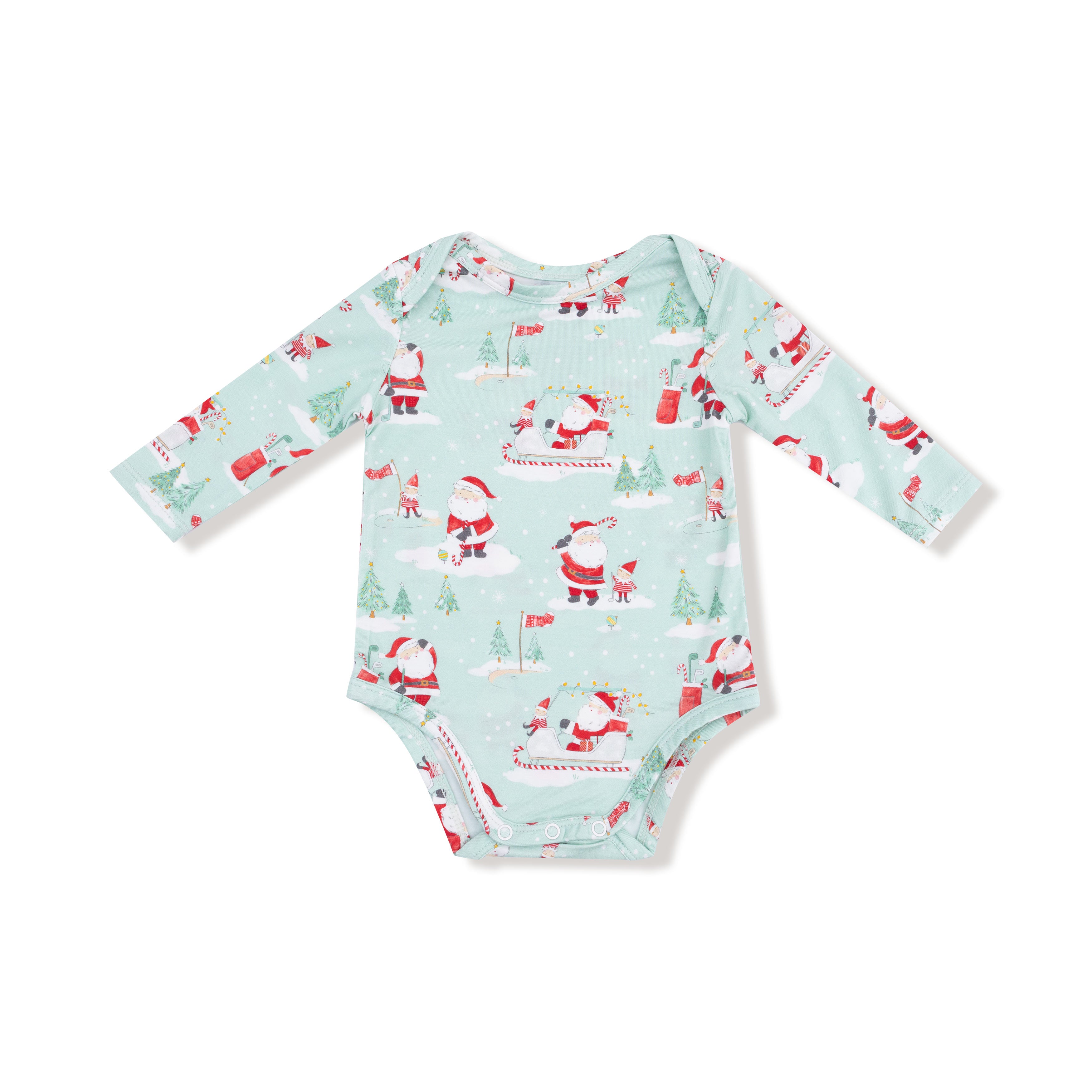 Lap Shoulder Bodysuit in our  Golfing Santa and Elves print from Angel Dear