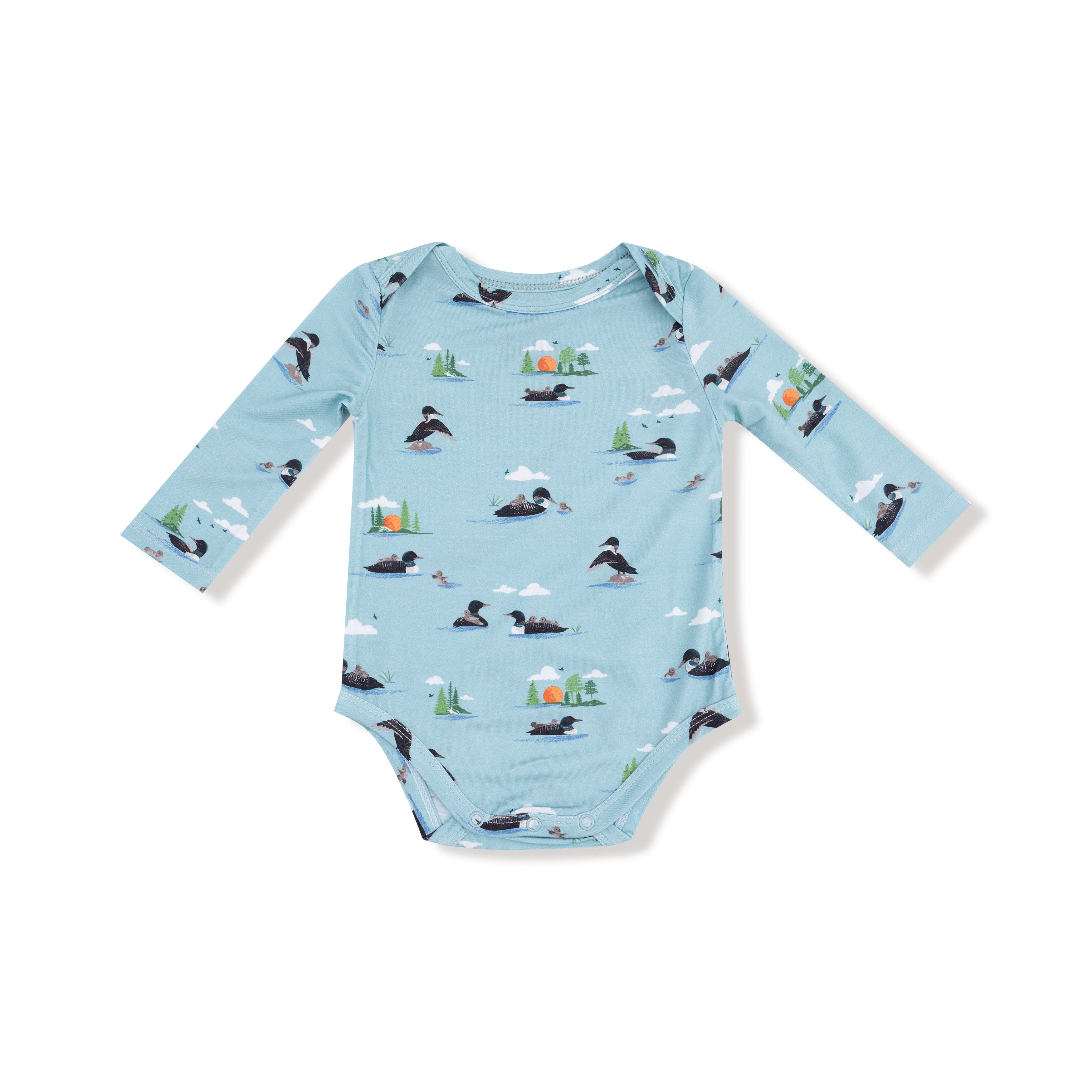 Lap Shoulder Bodysuit in our  Loons print from Angel Dear