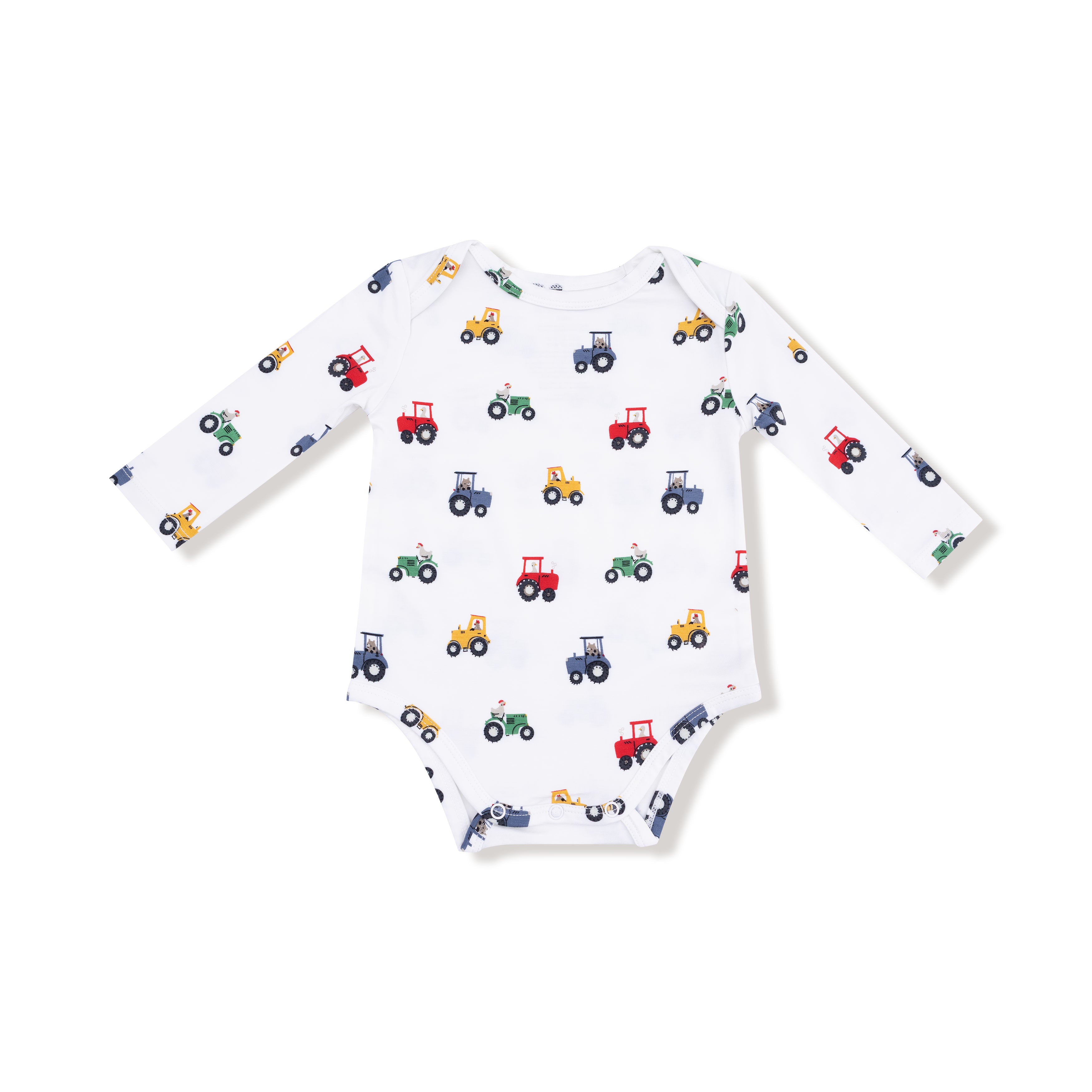 Lap Shoulder Bodysuit in our  Mini Tractors print from Angel Dear