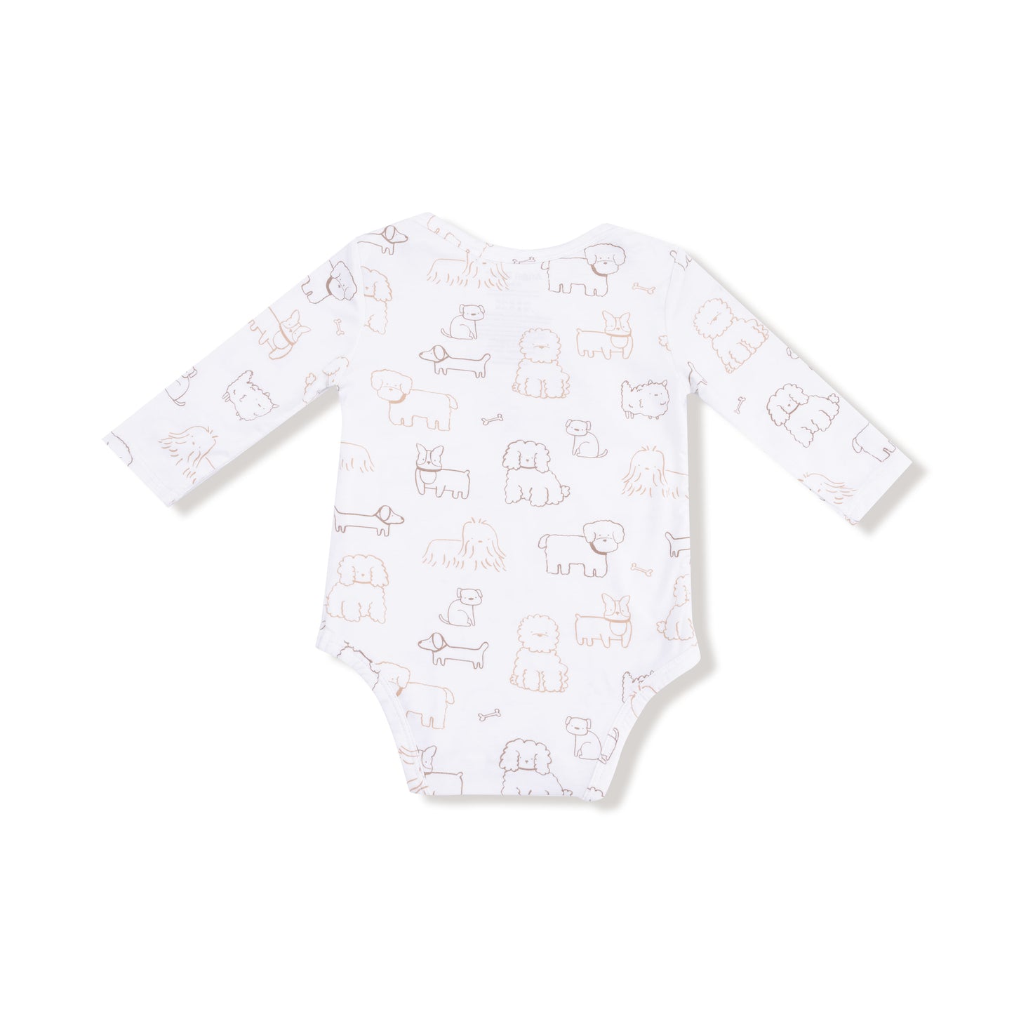 Lap Shoulder Bodysuit in our  Neutral Pups print from Angel Dear