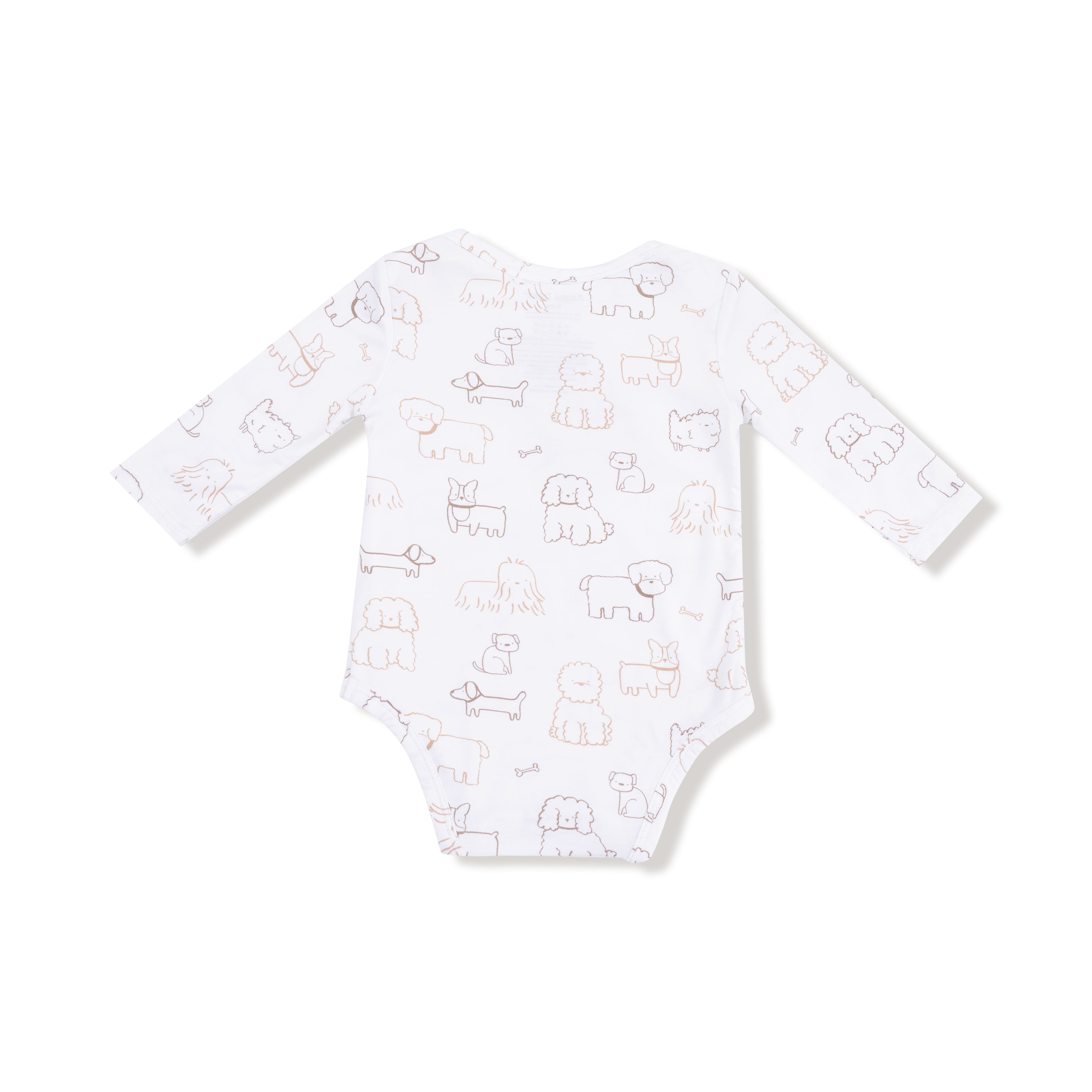 Lap Shoulder Bodysuit in our  Neutral Pups print from Angel Dear