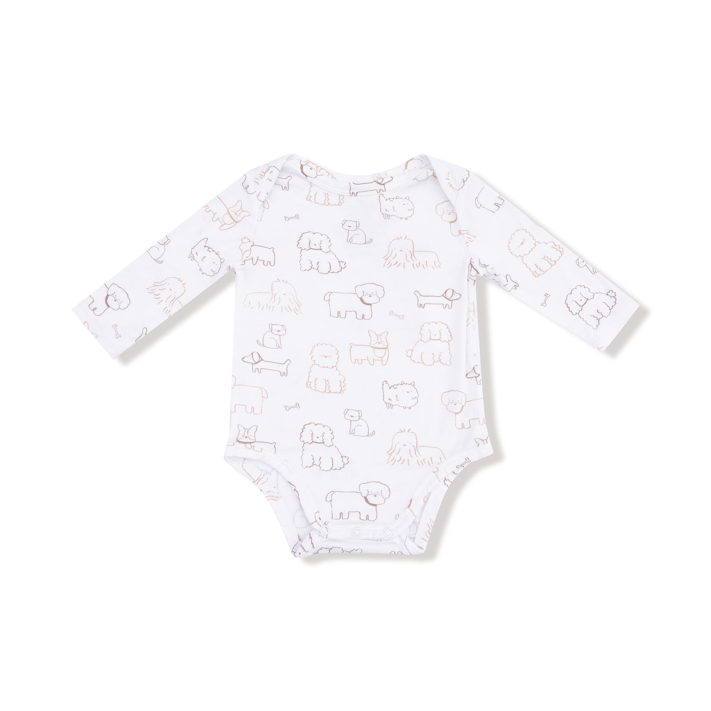 Lap Shoulder Bodysuit in our  Neutral Pups print from Angel Dear