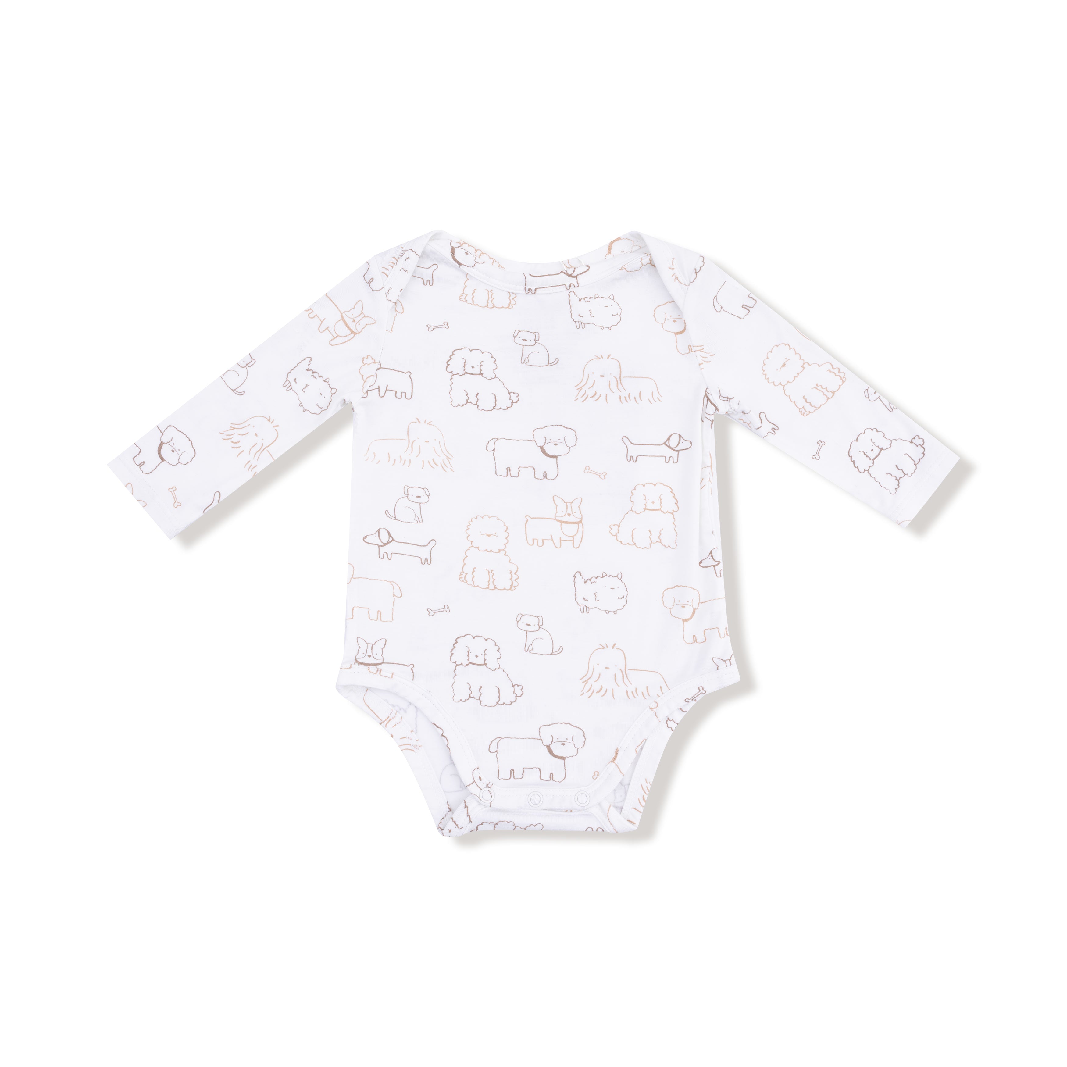 Lap Shoulder Bodysuit in our  Neutral Pups print from Angel Dear
