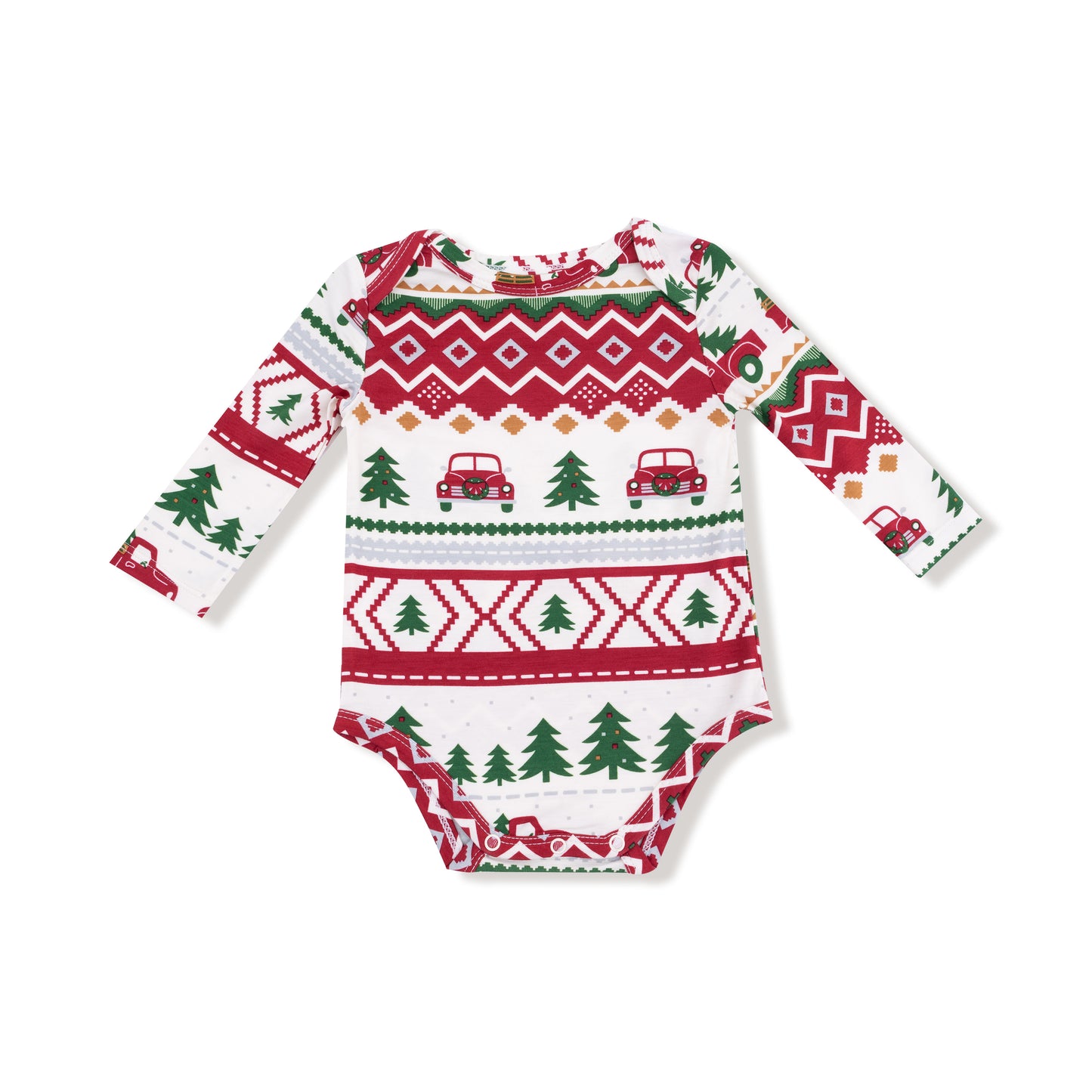 Lap Shoulder Bodysuit in our  Red Truck Fair Isle print from Angel Dear