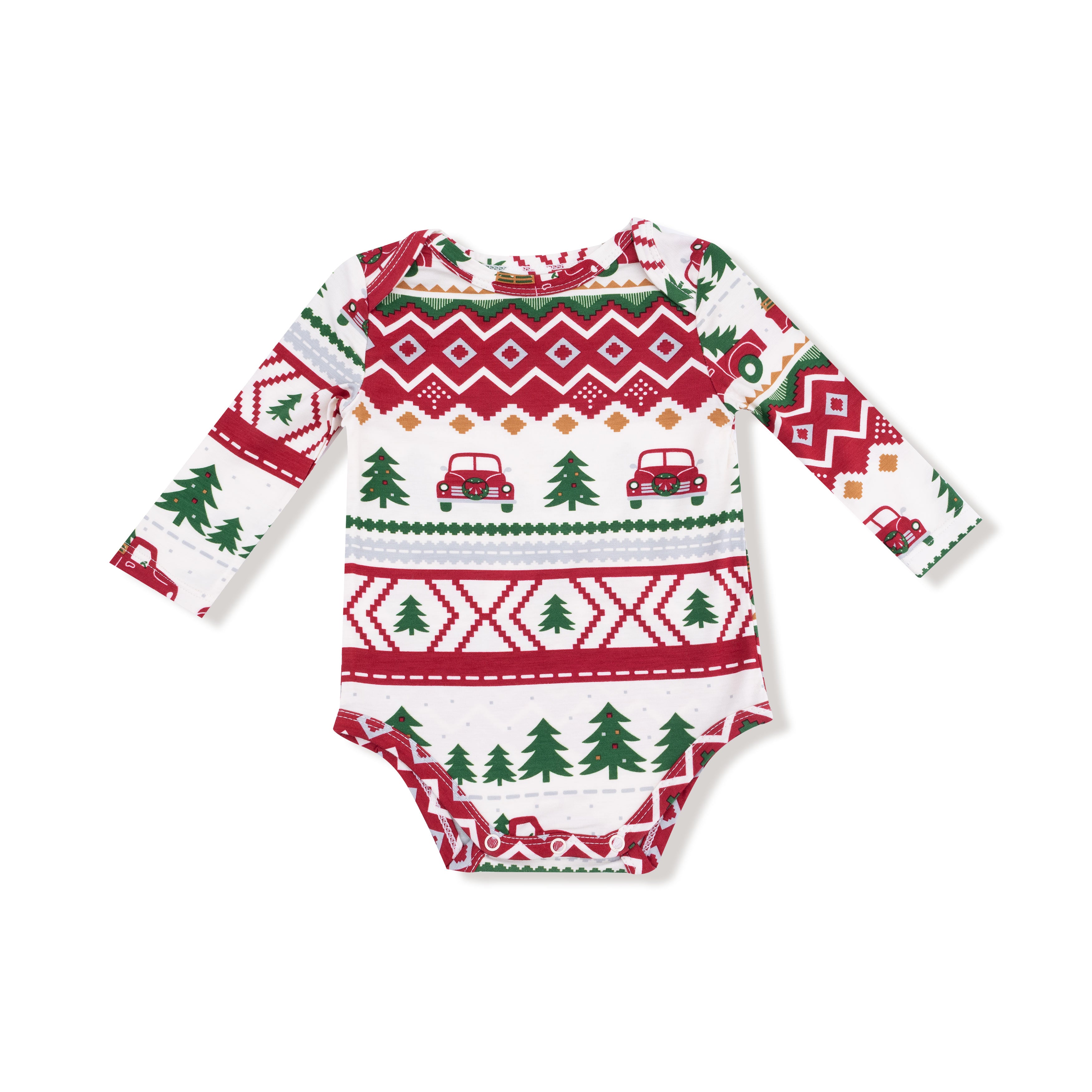 Lap Shoulder Bodysuit in our  Red Truck Fair Isle print from Angel Dear