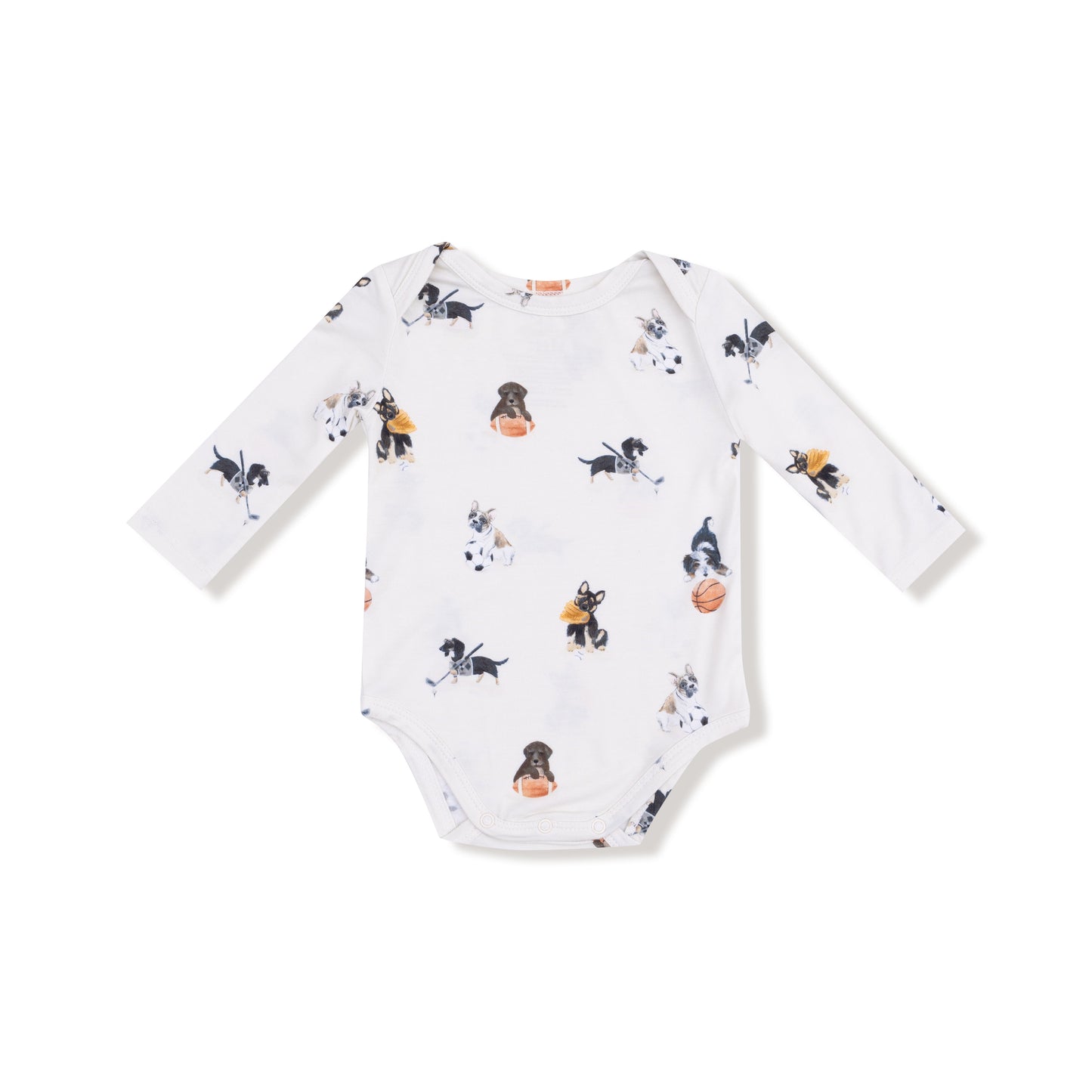 Lap Shoulder Bodysuit in our  Sporty Puppies print from Angel Dear