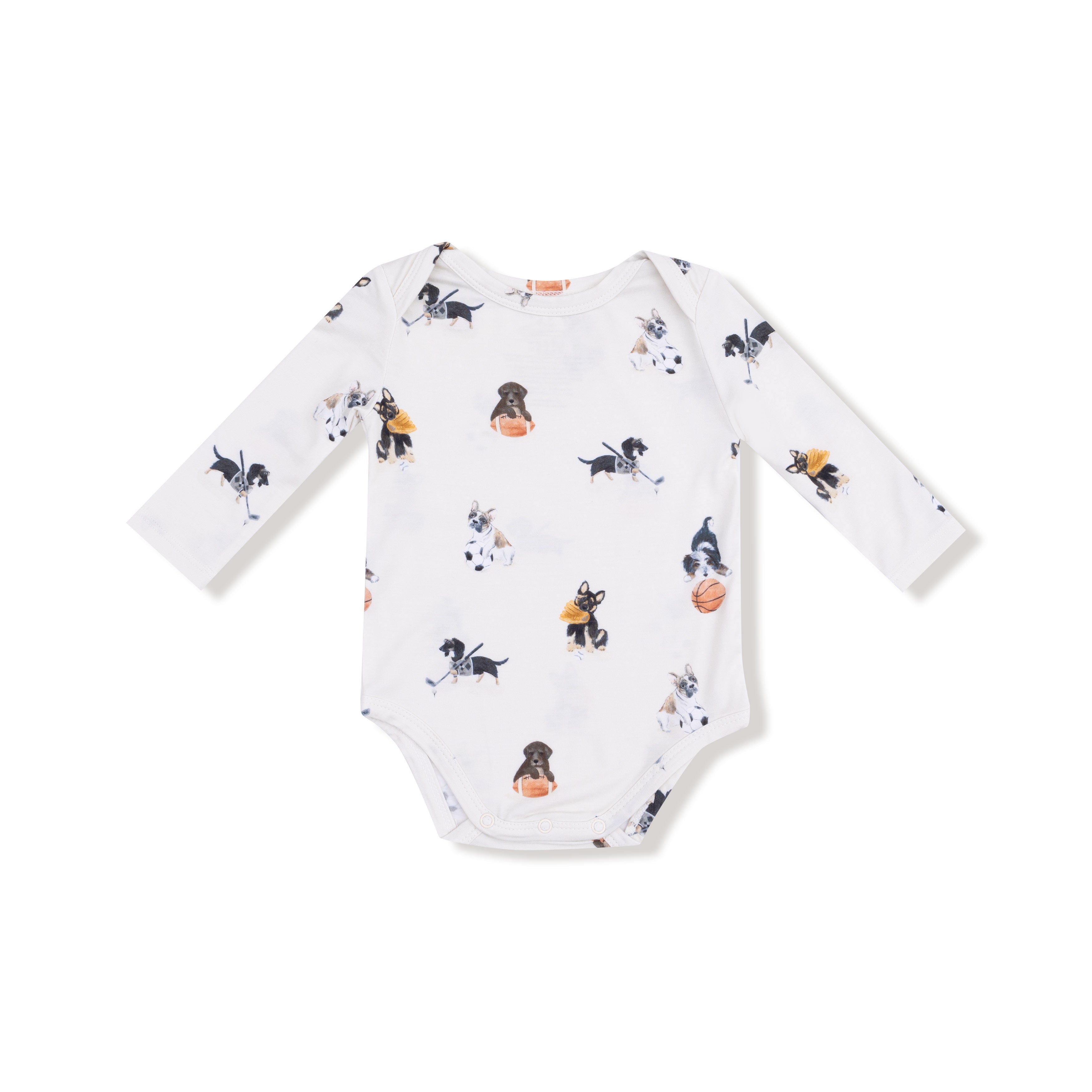Lap Shoulder Bodysuit in our  Sporty Puppies print from Angel Dear