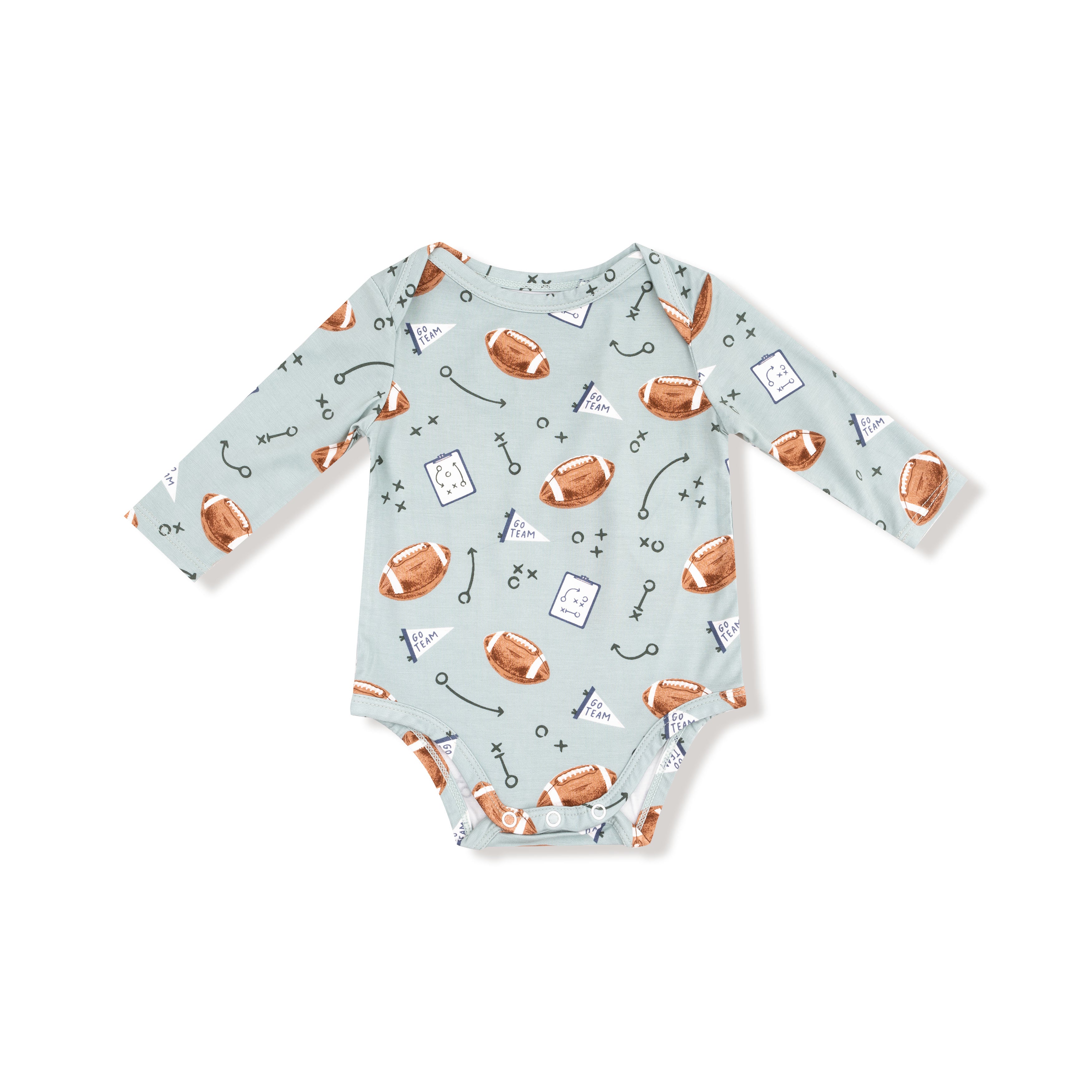 Lap Shoulder Bodysuit in our  Touchdown Time - Grey Mist print from Angel Dear