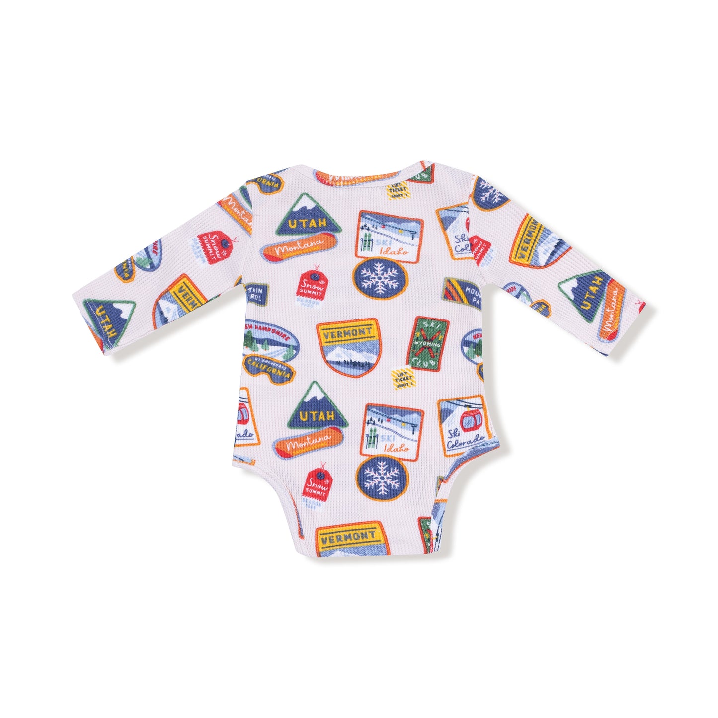 Lap Shoulder Bodysuit in our  Vintage State Snow Sport Patches print from Angel Dear