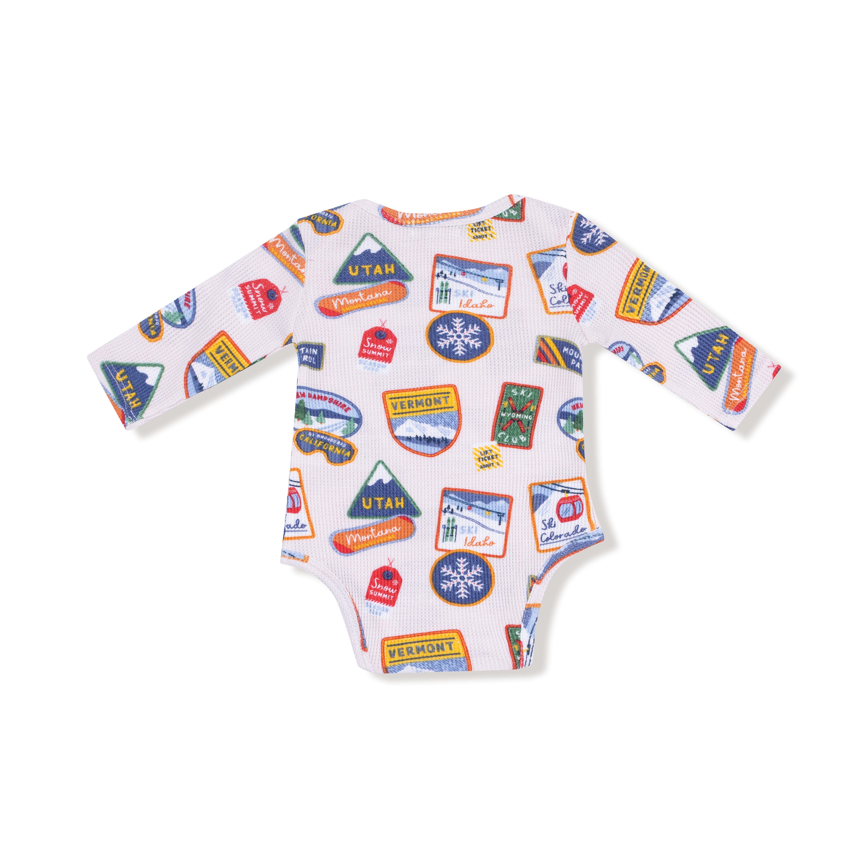 Lap Shoulder Bodysuit in our  Vintage State Snow Sport Patches print from Angel Dear