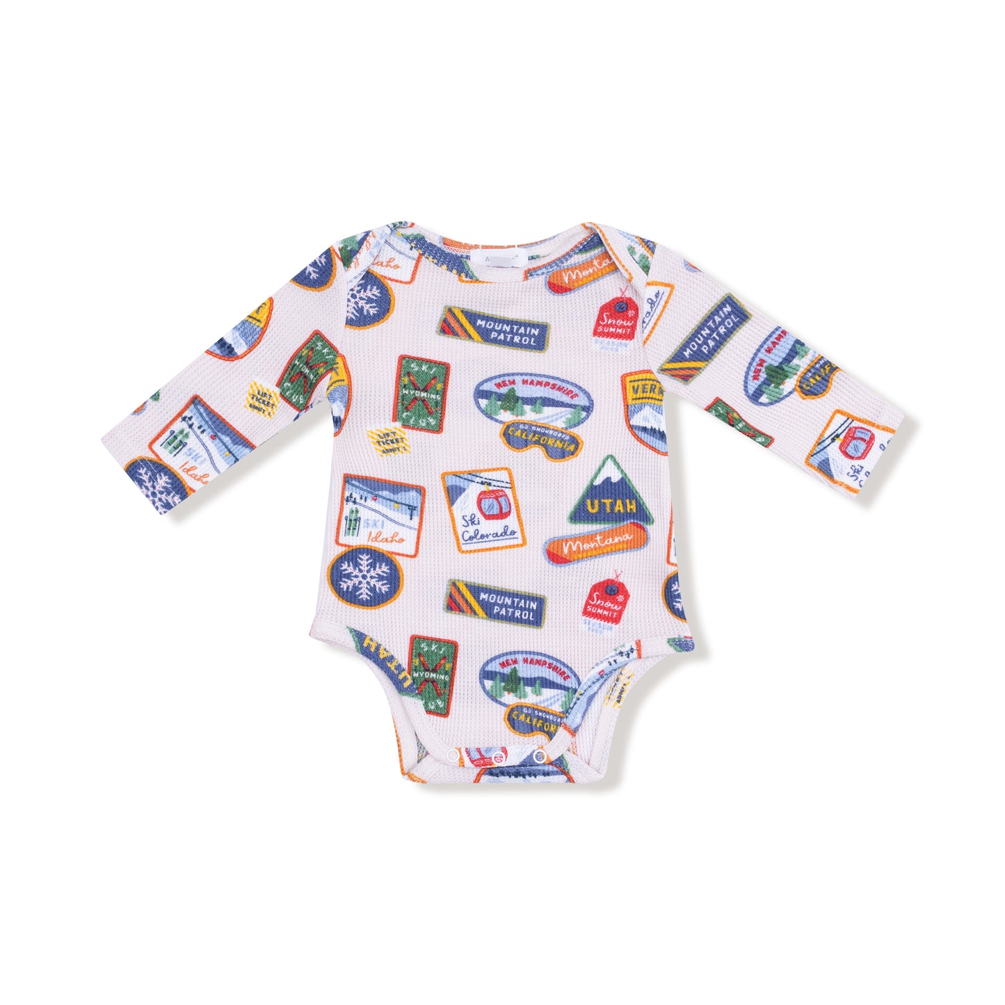 Lap Shoulder Bodysuit in our  Vintage State Snow Sport Patches print from Angel Dear