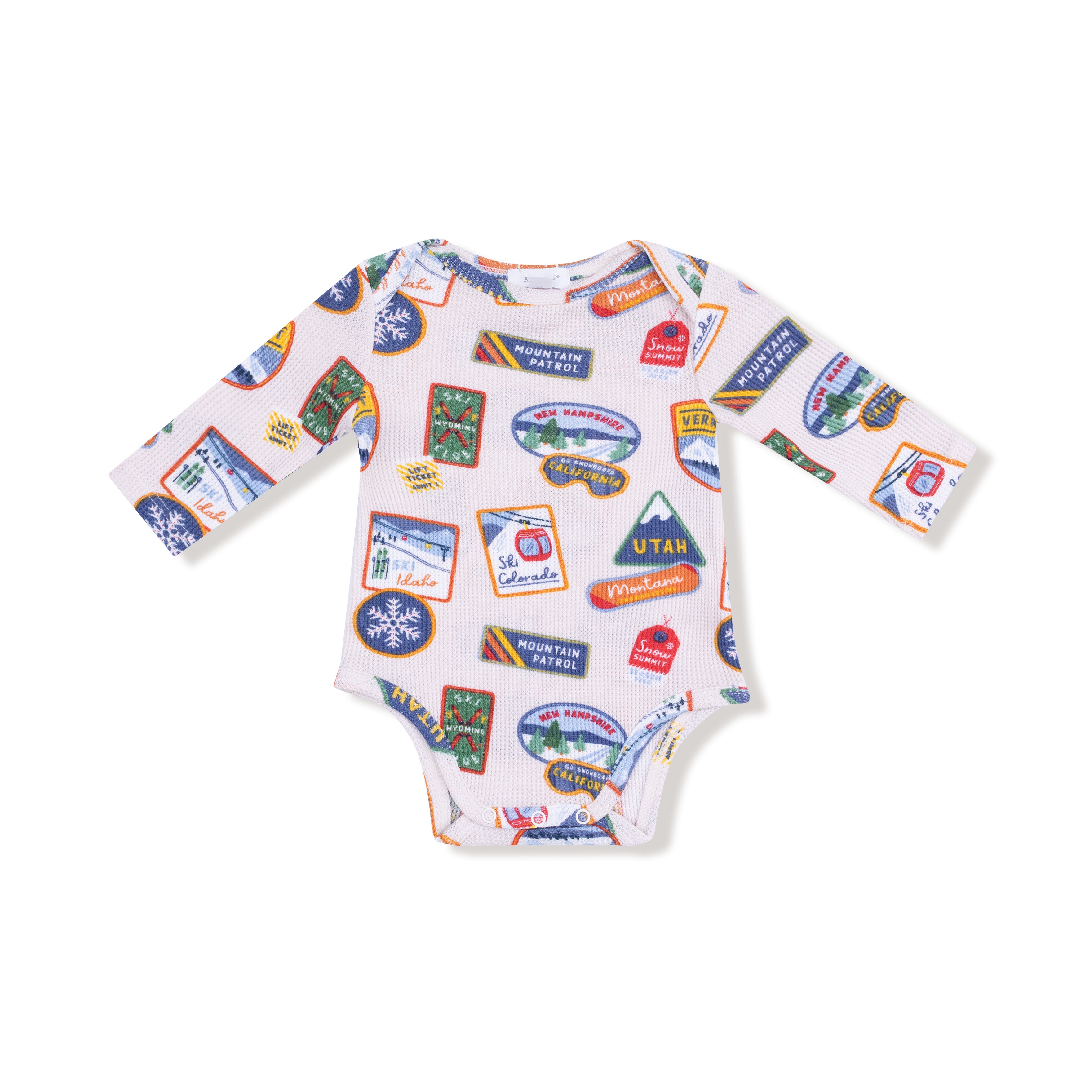 Lap Shoulder Bodysuit in our  Vintage State Snow Sport Patches print from Angel Dear