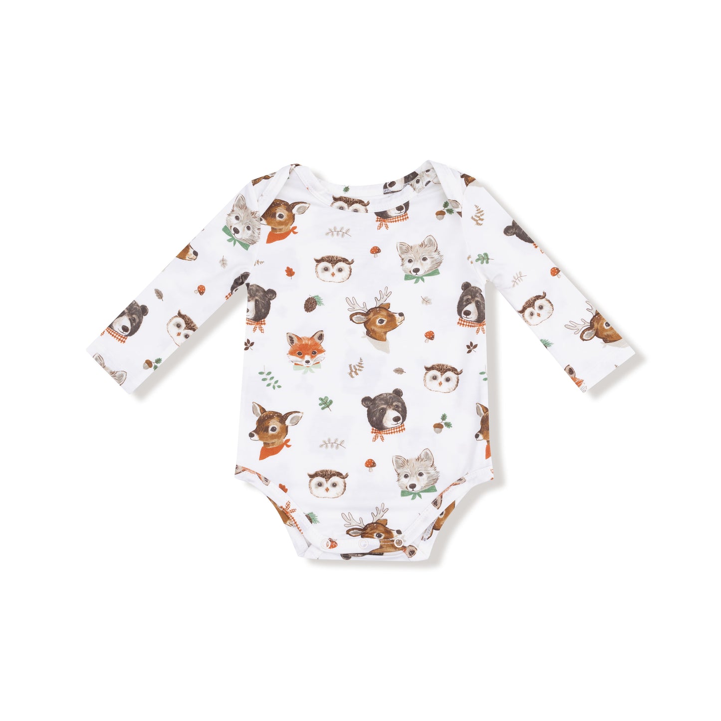 Lap Shoulder Bodysuit in our  Woodland Animal Faces print from Angel Dear