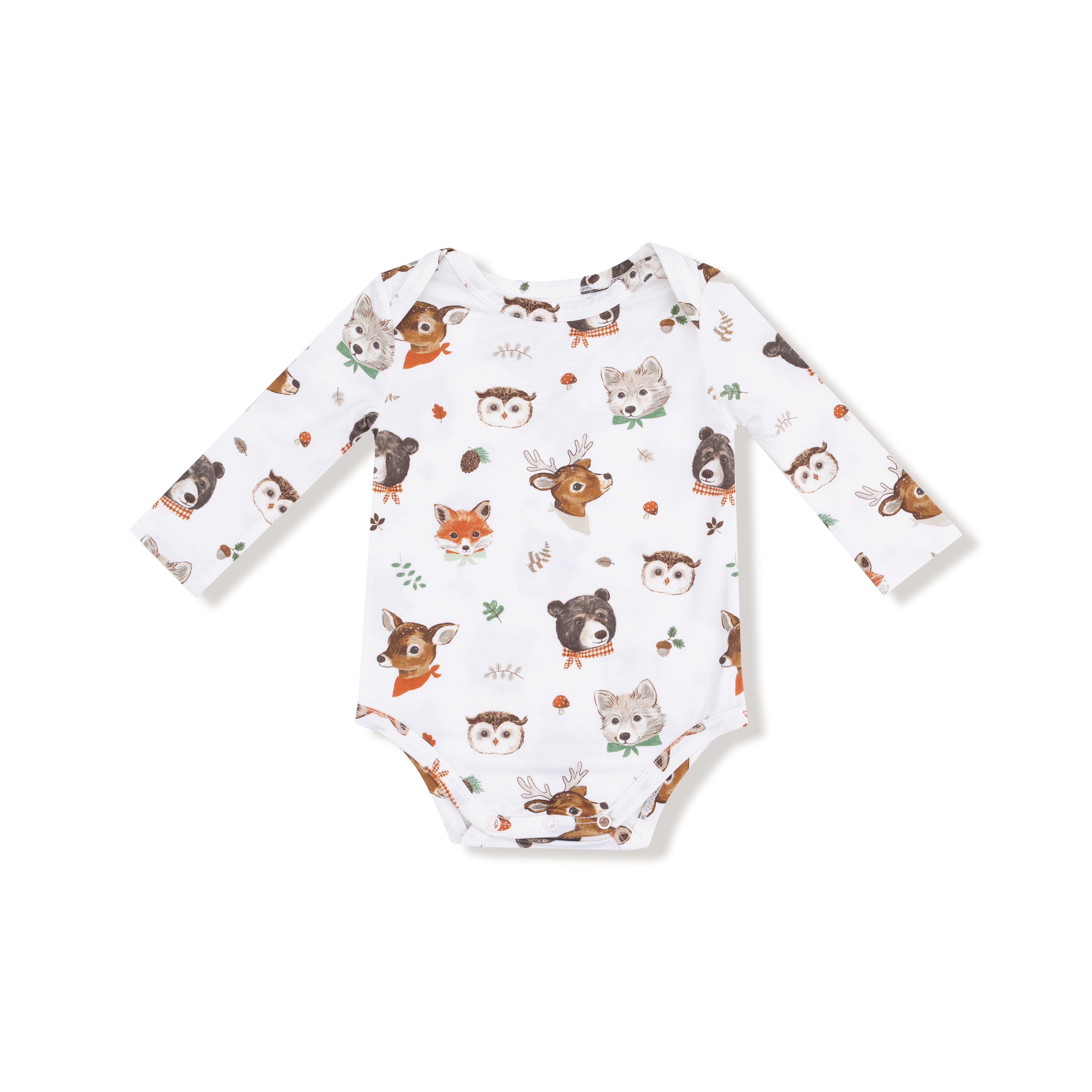 Lap Shoulder Bodysuit in our  Woodland Animal Faces print from Angel Dear