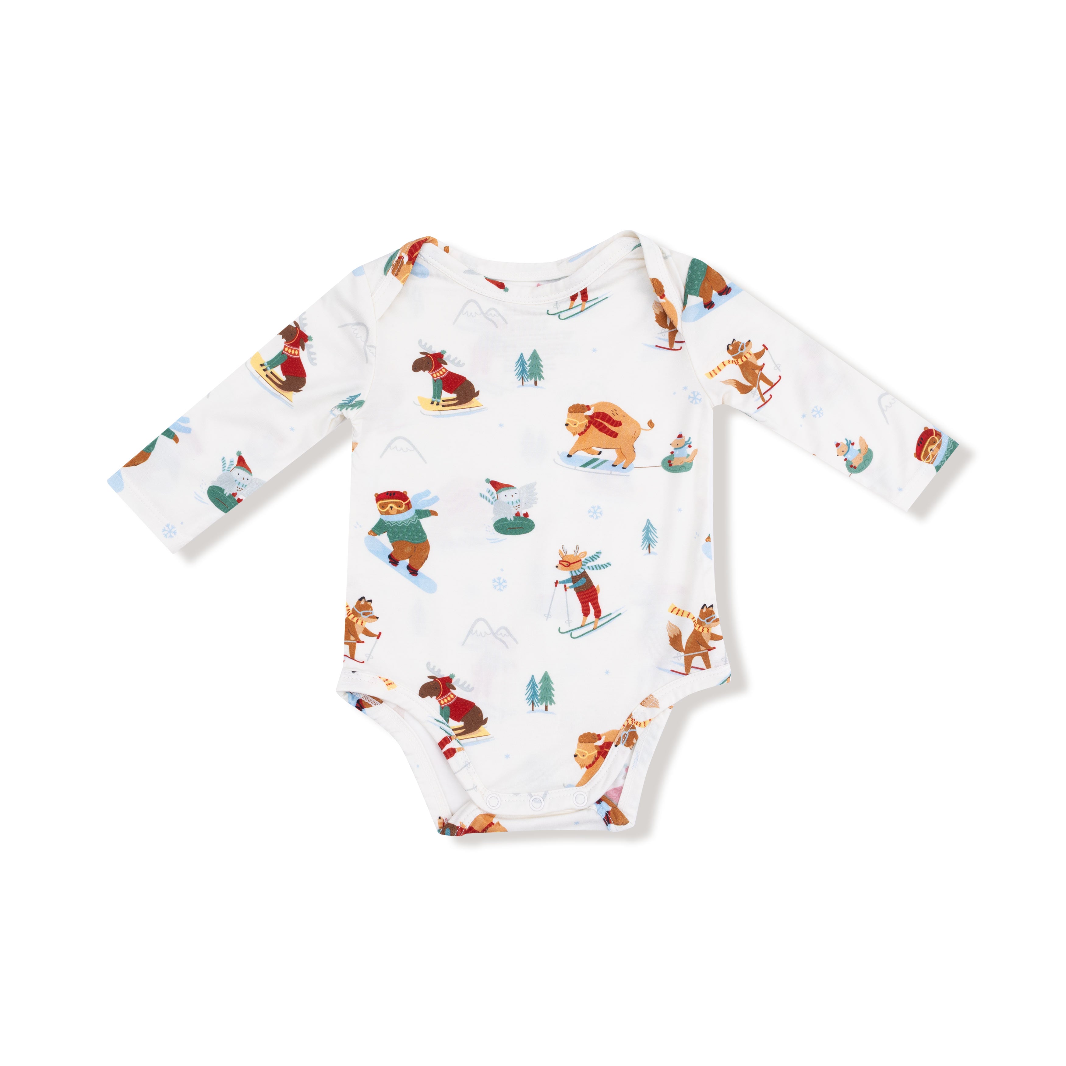 Lap Shoulder Bodysuit in our  Winter Animal Sports print from Angel Dear