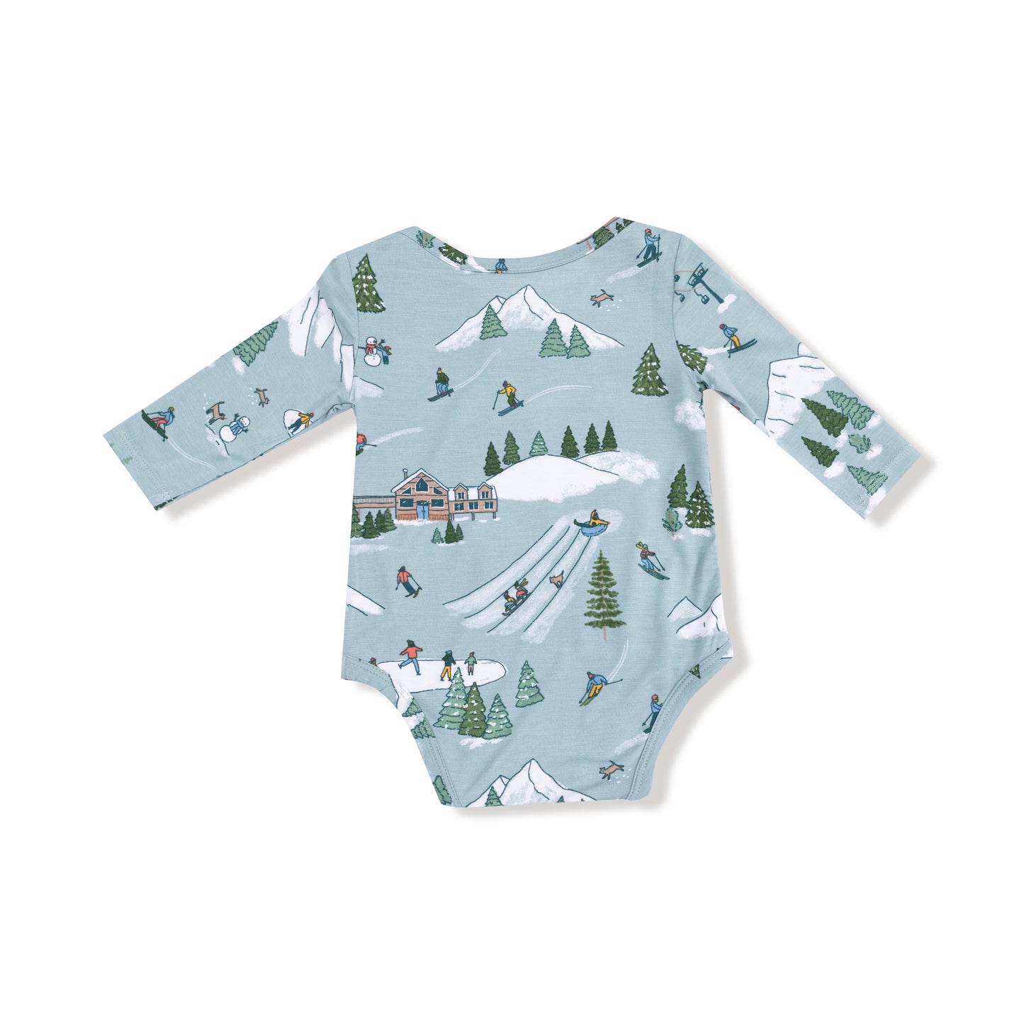Lap Shoulder Bodysuit in our  Winter Fun Skiers print from Angel Dear