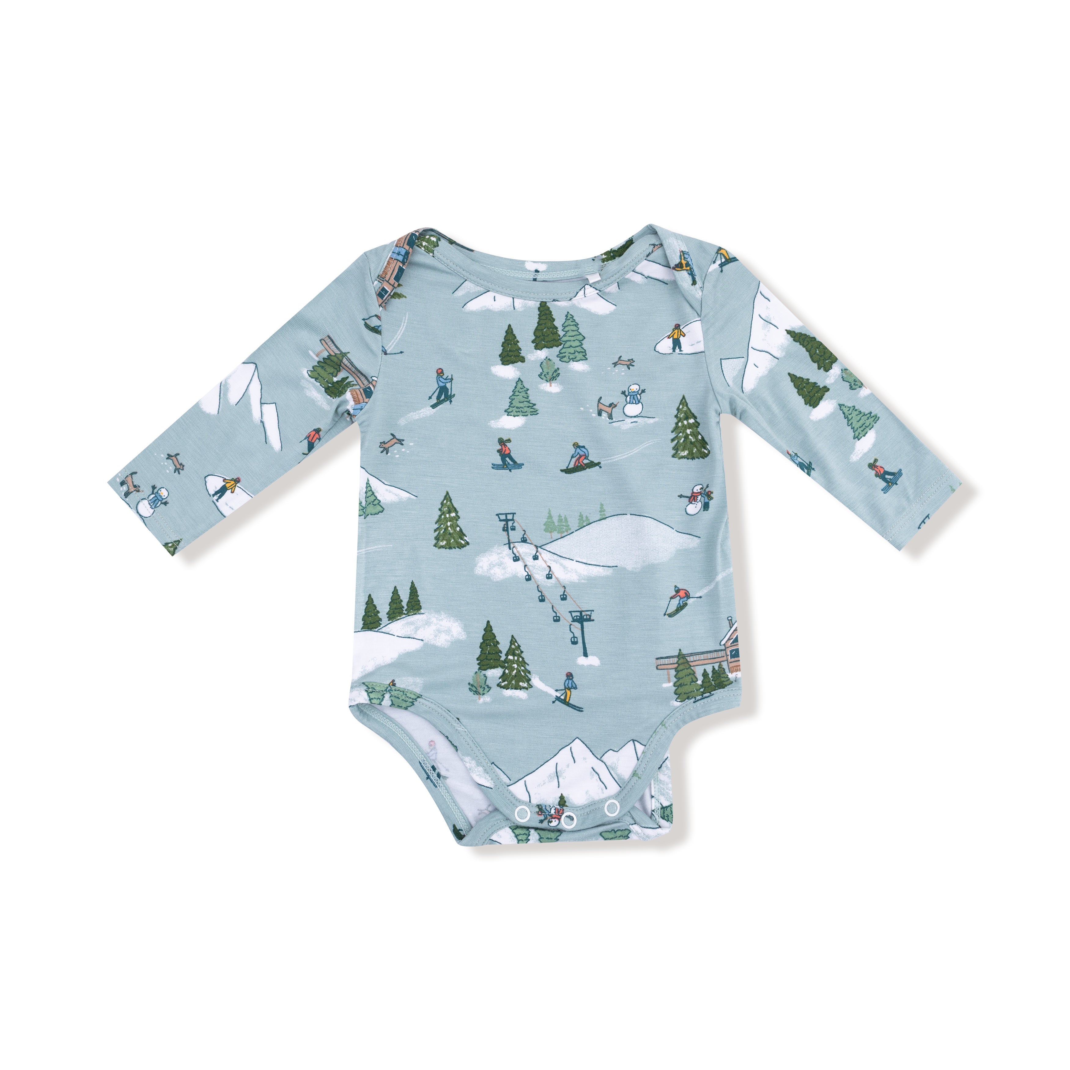 Lap Shoulder Bodysuit in our  Winter Fun Skiers print from Angel Dear