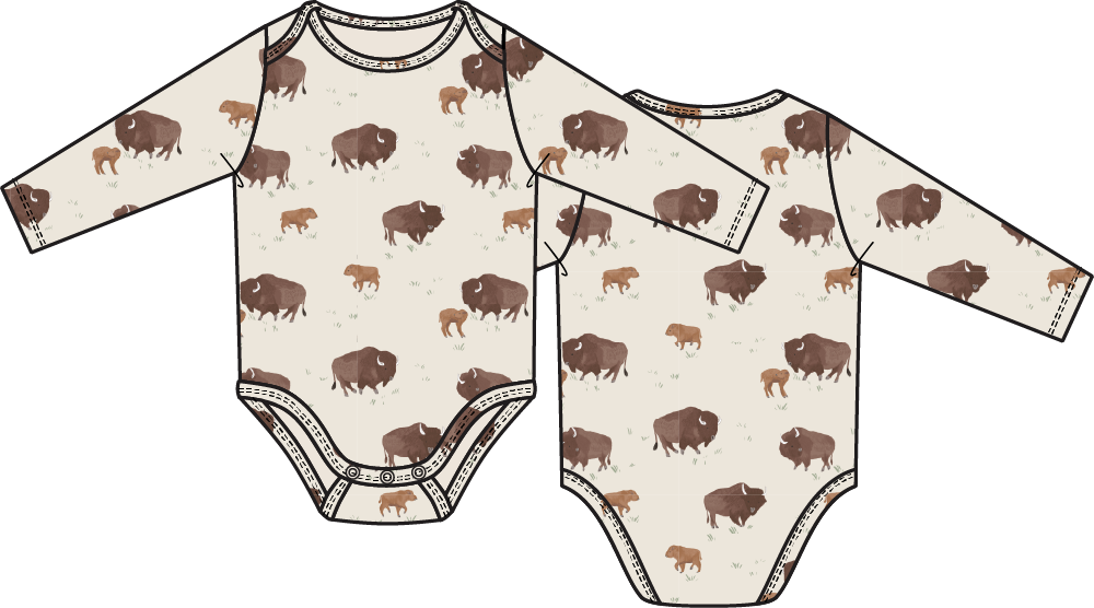 Long-sleeve baby bodysuit with bison pattern on a white background