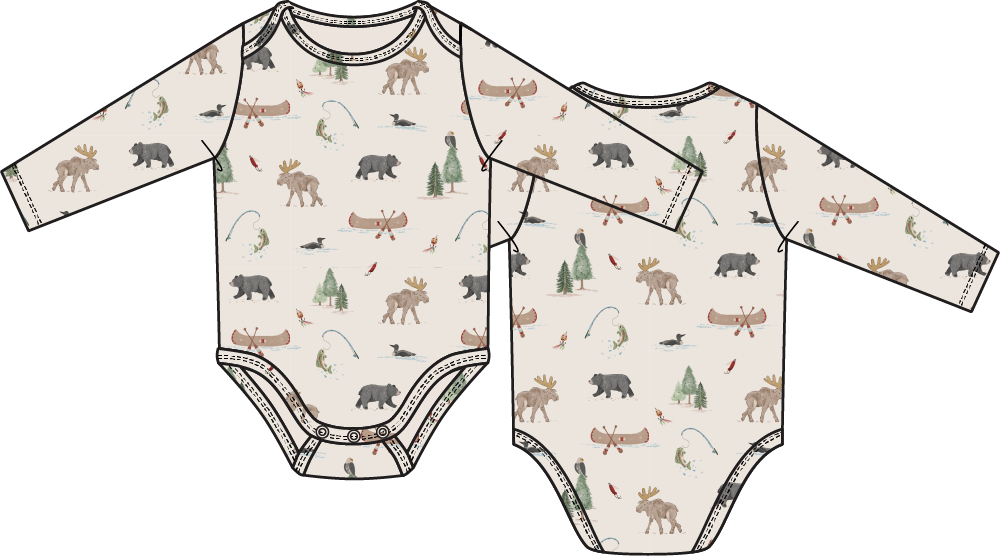 Baby onesie with nature-themed pattern on a white background