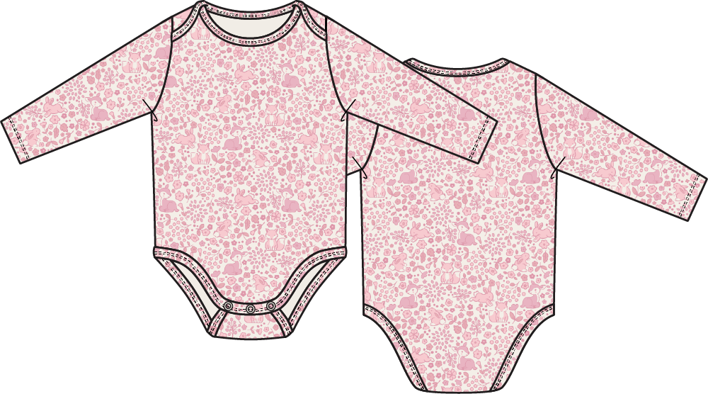 Pink floral patterned baby onesie on a white background