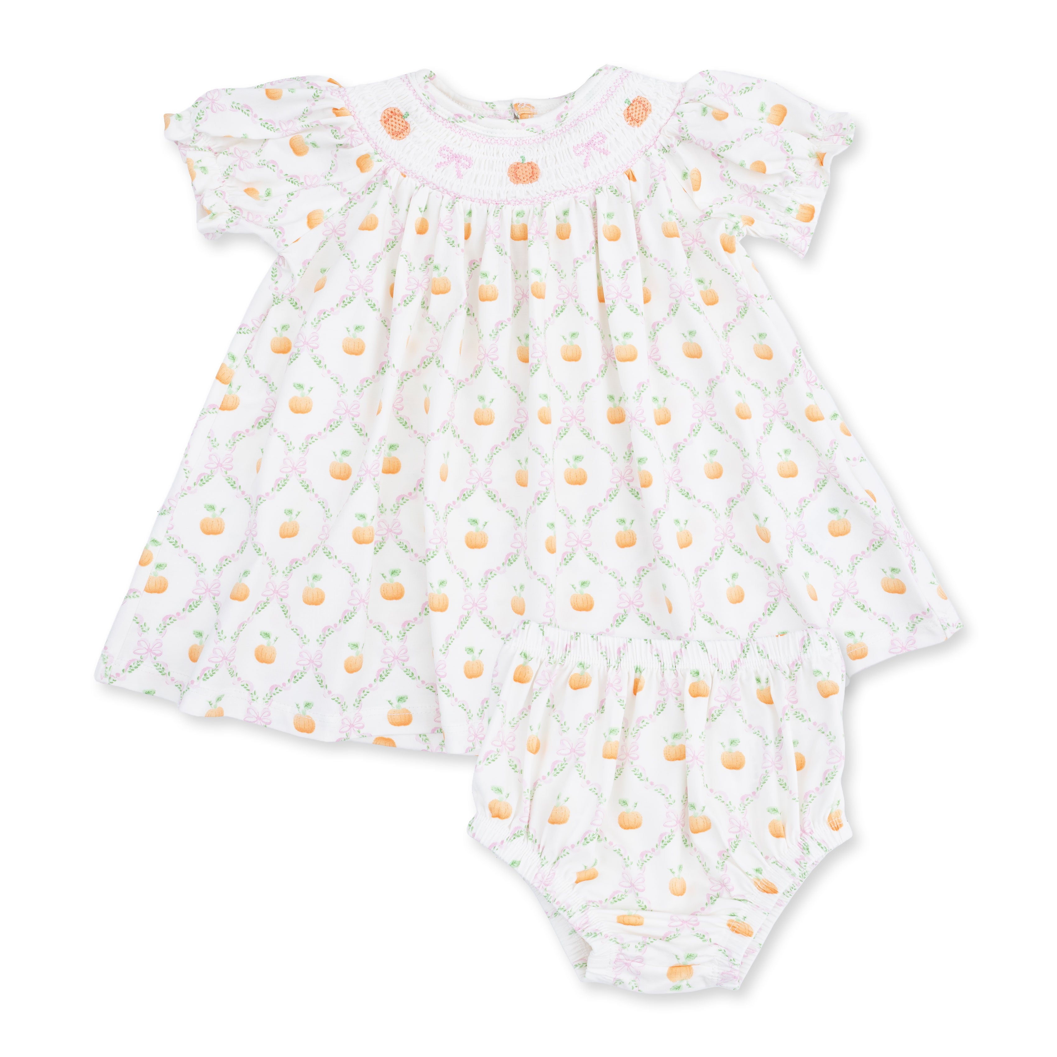 Pretty Pumpkin Trellis - Jane Puff Sleeve Bishop Dress and Bloomer
