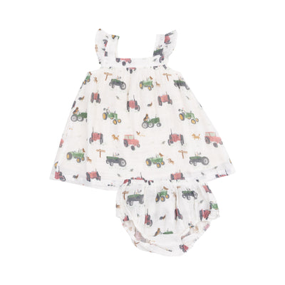 Sundress & Diaper Cover - -Tractors and Friends Pink