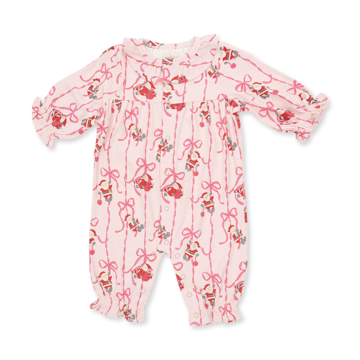 Bows & Santa - Knit Flame Resistant Long Sleeve Ruffle Collar Romper