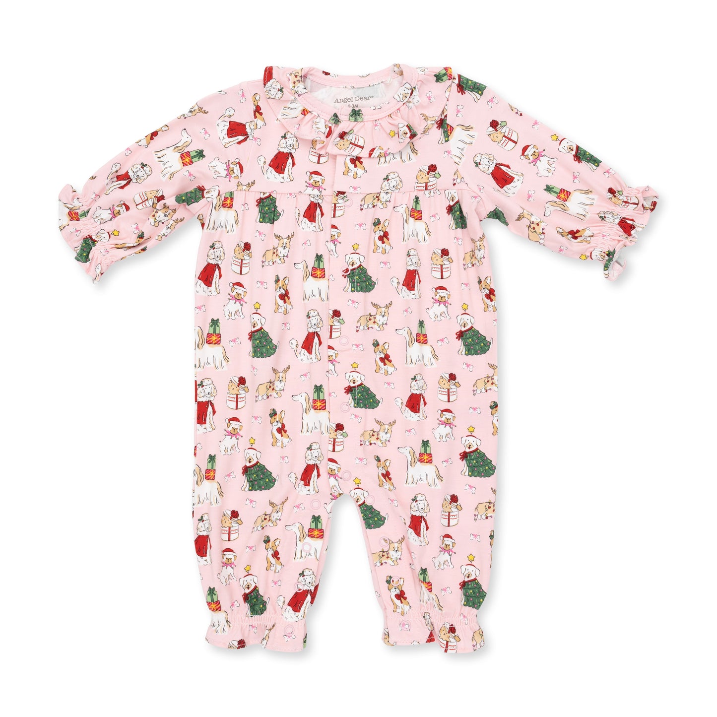 Christmas Dogs Pink - Long Sleeve Ruffle Collar Romper