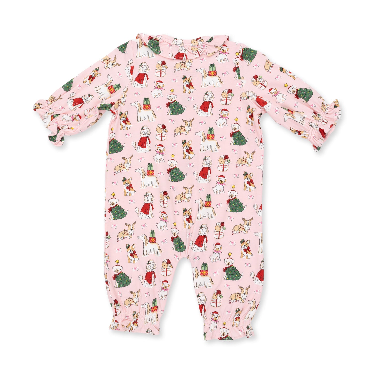 Christmas Dogs Pink - Long Sleeve Ruffle Collar Romper