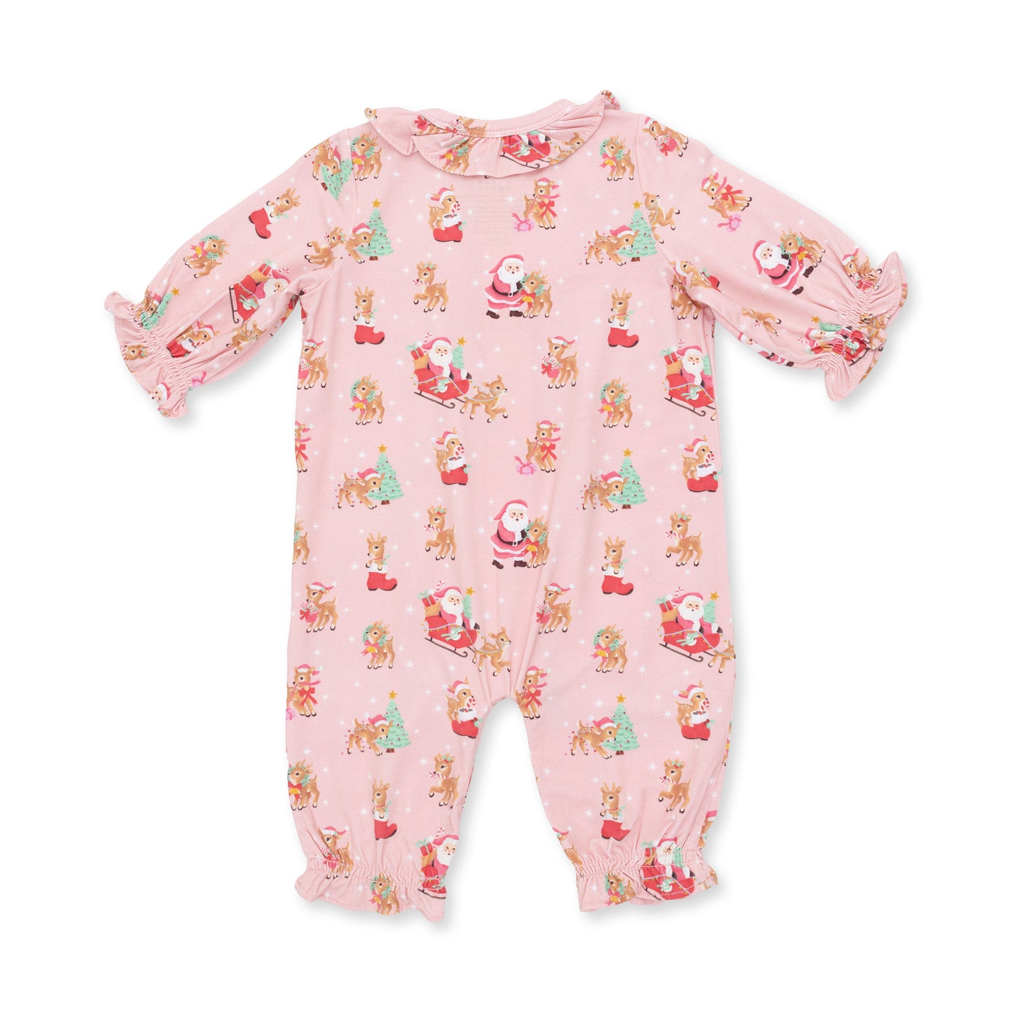 Vintage Reindeer & Santa Pink - Long Sleeve Ruffle Collar Romper