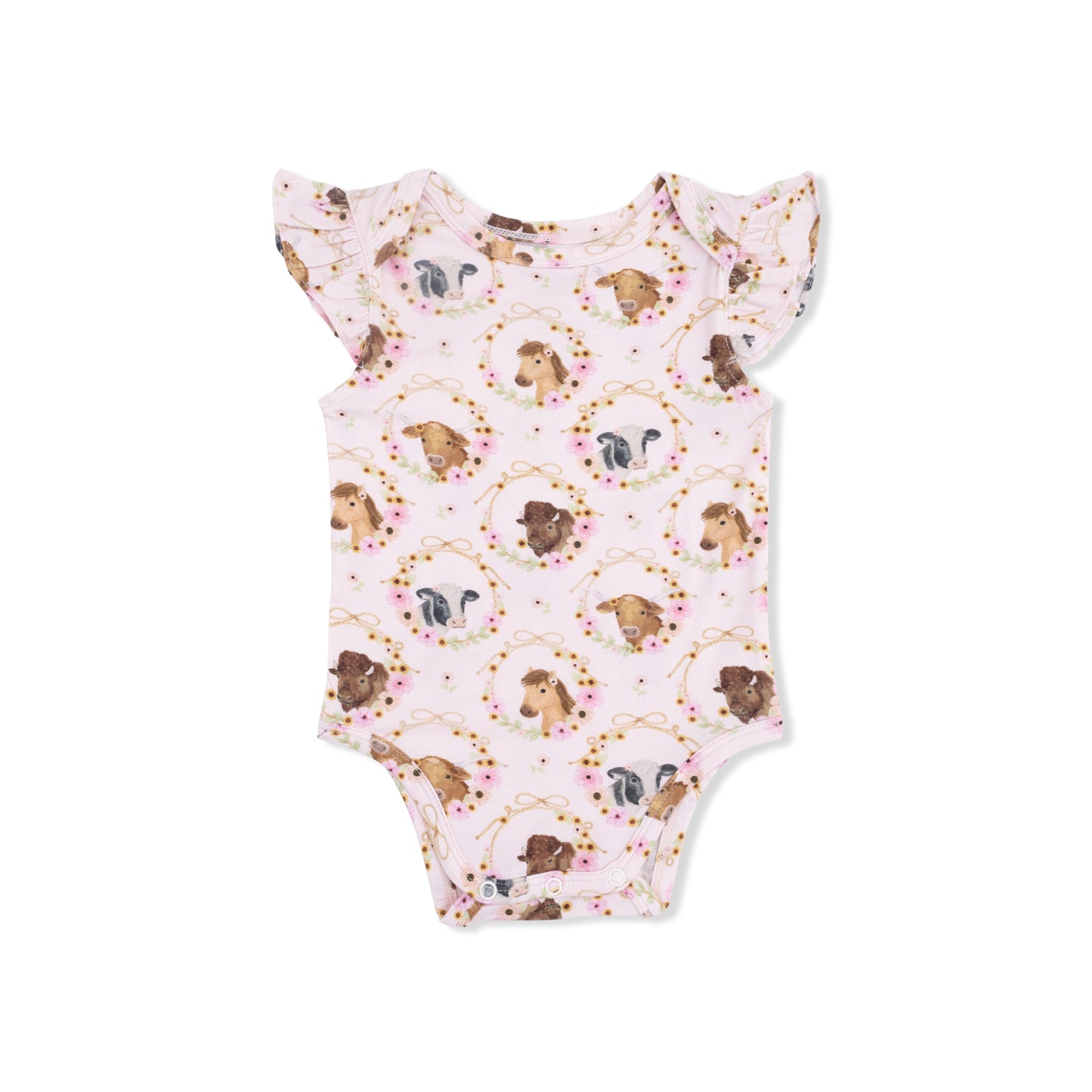 Farm Animals Floral Cameos Pink - Ruffle Sleeve Bodysuit-Angel Dear