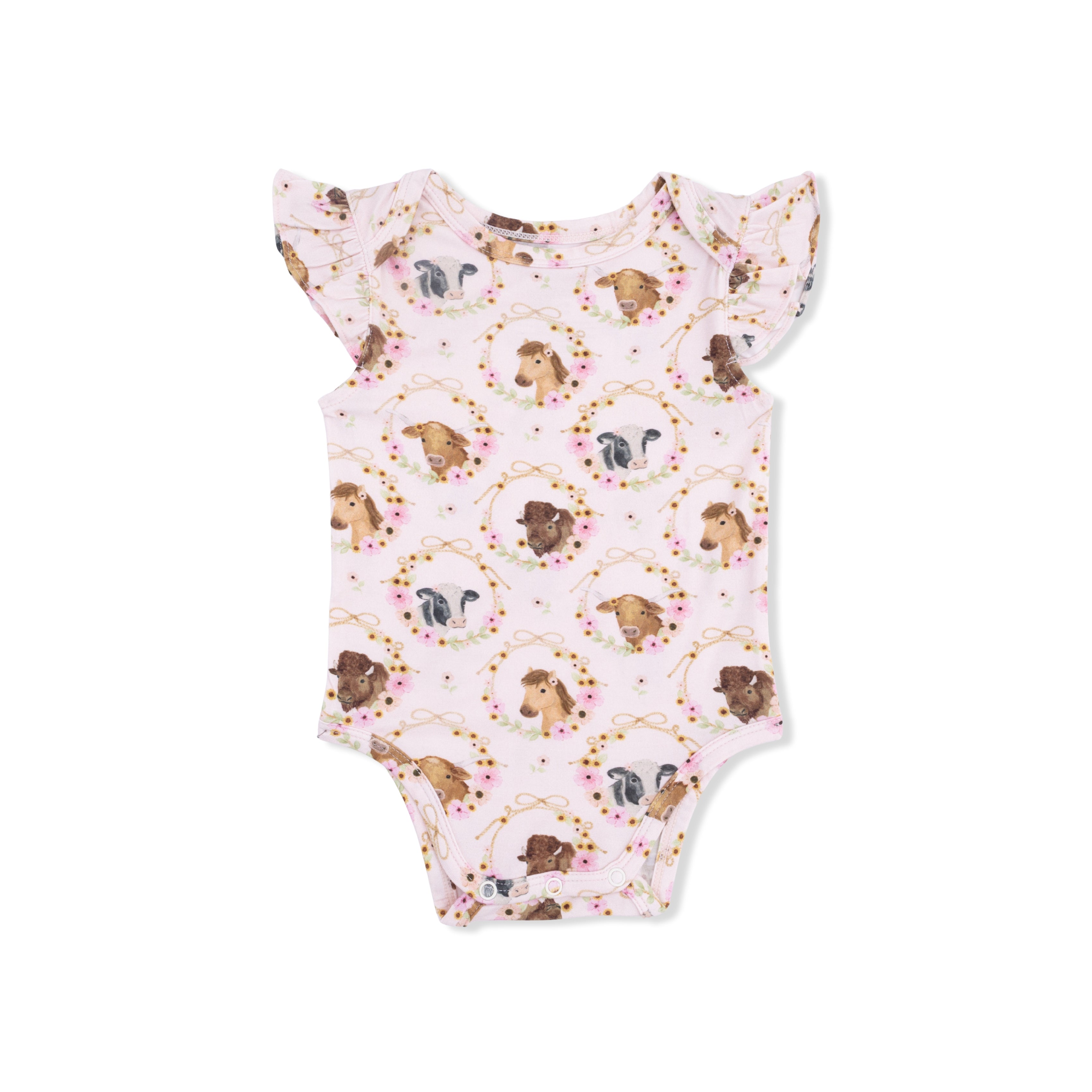 Farm Animals Floral Cameos Pink - Ruffle Sleeve Bodysuit-Angel Dear