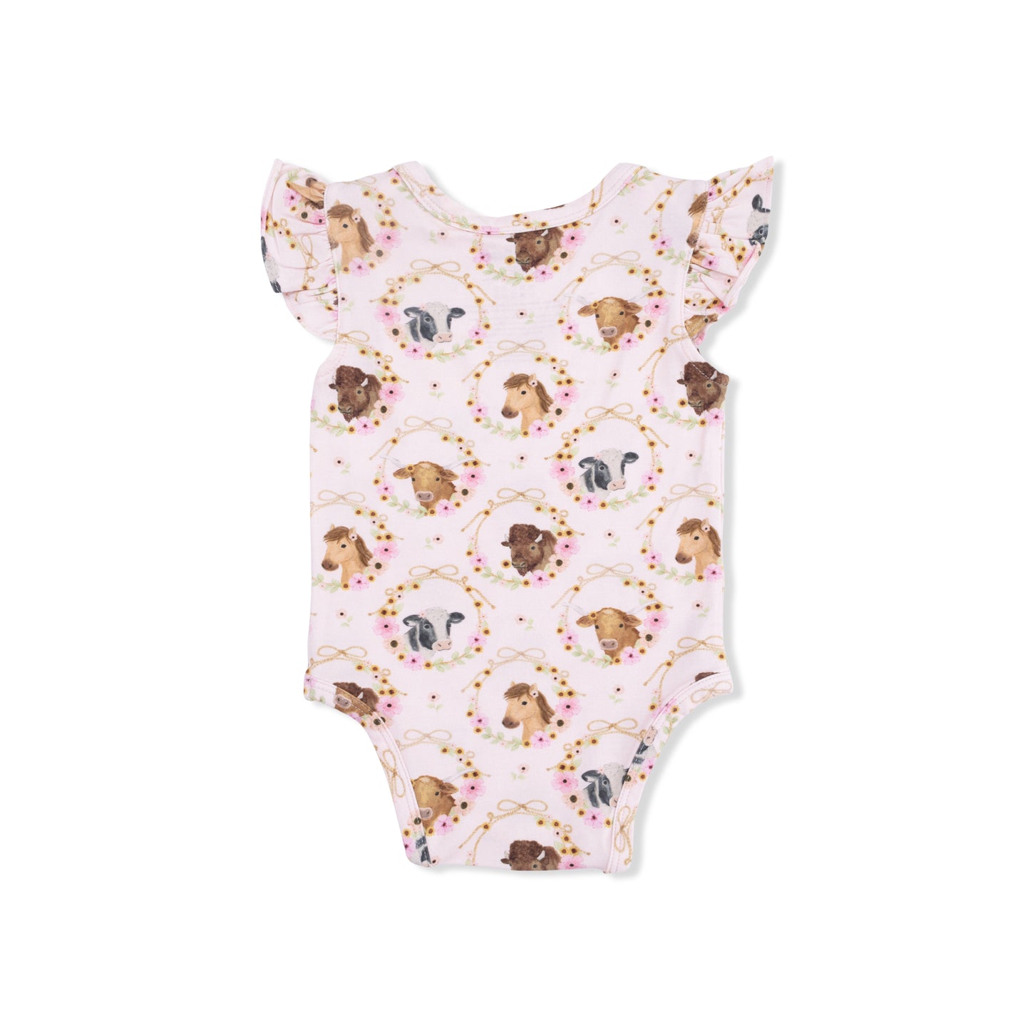 Farm Animals Floral Cameos Pink - Ruffle Sleeve Bodysuit-Angel Dear