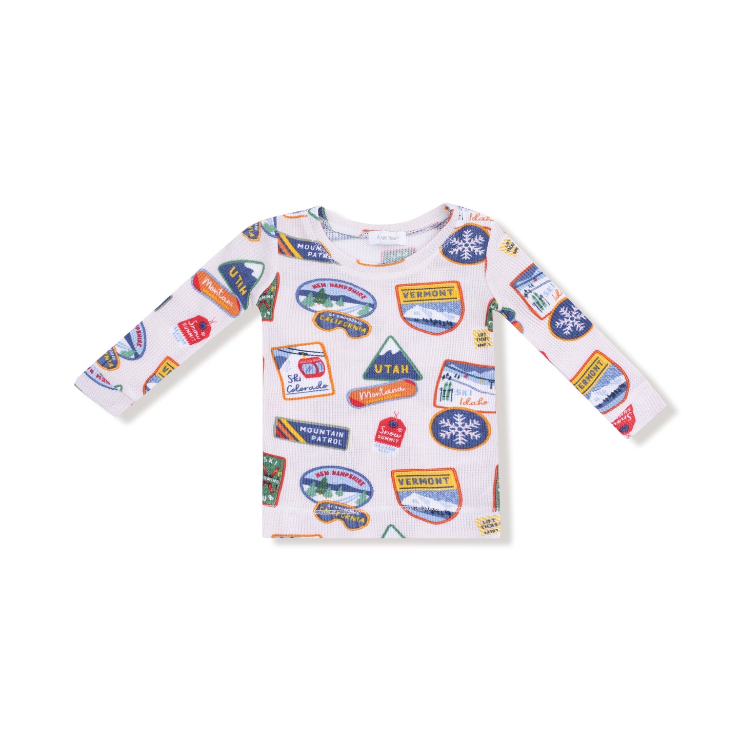 Long Sleeve Loungewear Set in our  Vintage State Snow Sport Patches print from Angel Dear