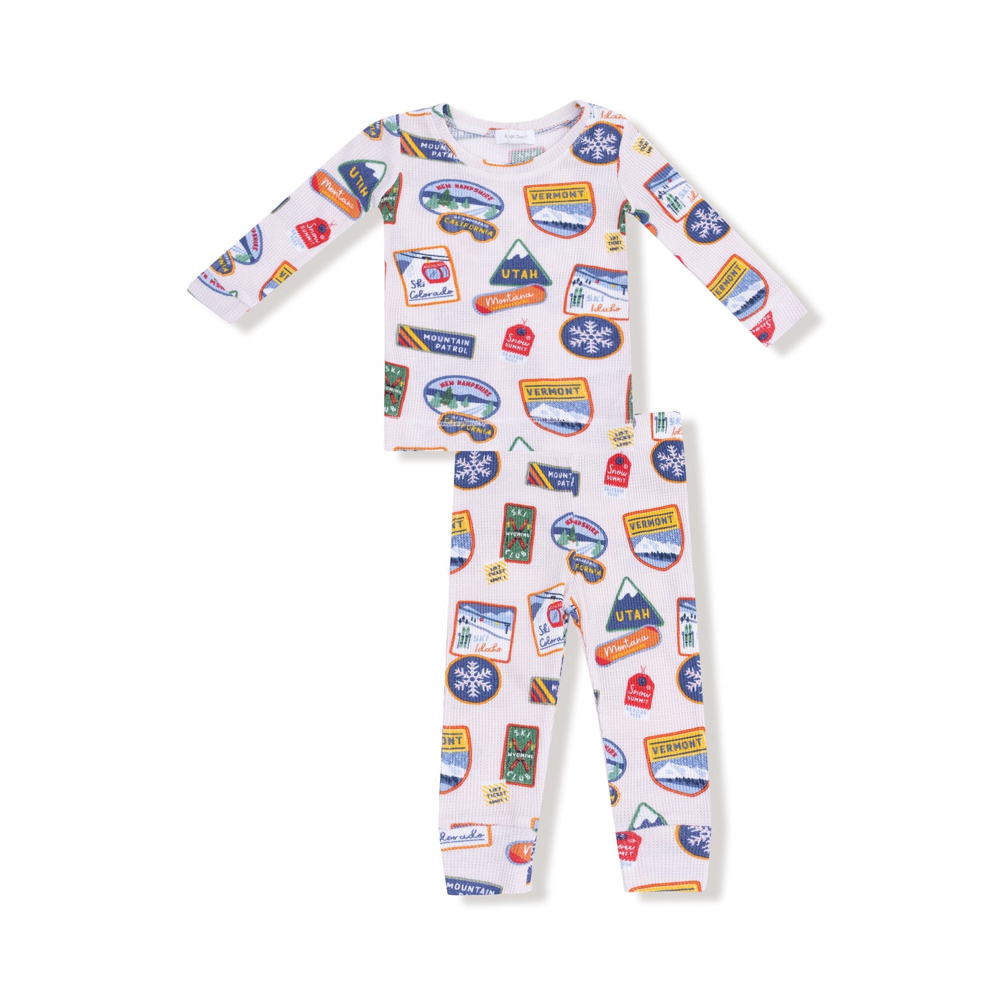 Long Sleeve Loungewear Set in our  Vintage State Snow Sport Patches print from Angel Dear