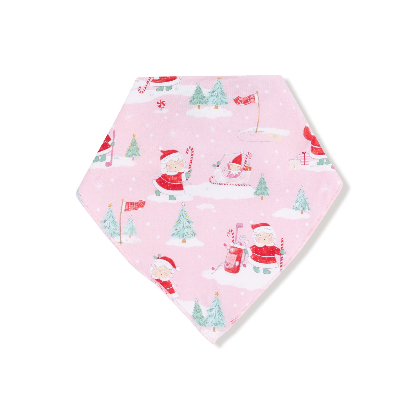Bandana Bib in our  Golfing Mrs. Claus and Elves print from Angel Dear